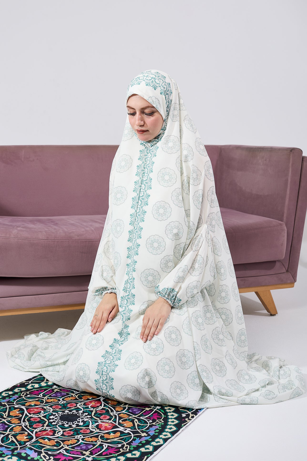 Elegant Floral Satin Prayer Gown for Women - Long Sleeve Extended Coverage Islamic Dress - Perfect for Salah, Eid, Ramadan & Special Occasions