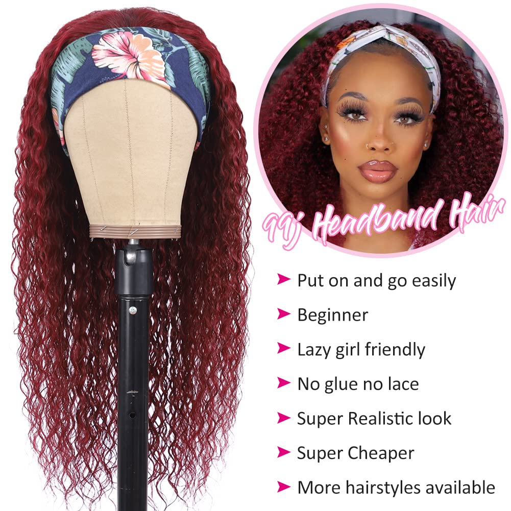 Eooma 10A 180% Density Brazilian Kinky Curly Headband Wig for Black Women - 26 Inch Burgundy #99J Human Hair Scarf Wig (No Gel/Glue) - Perfect for Daily Wear, Parties & Protective Styling