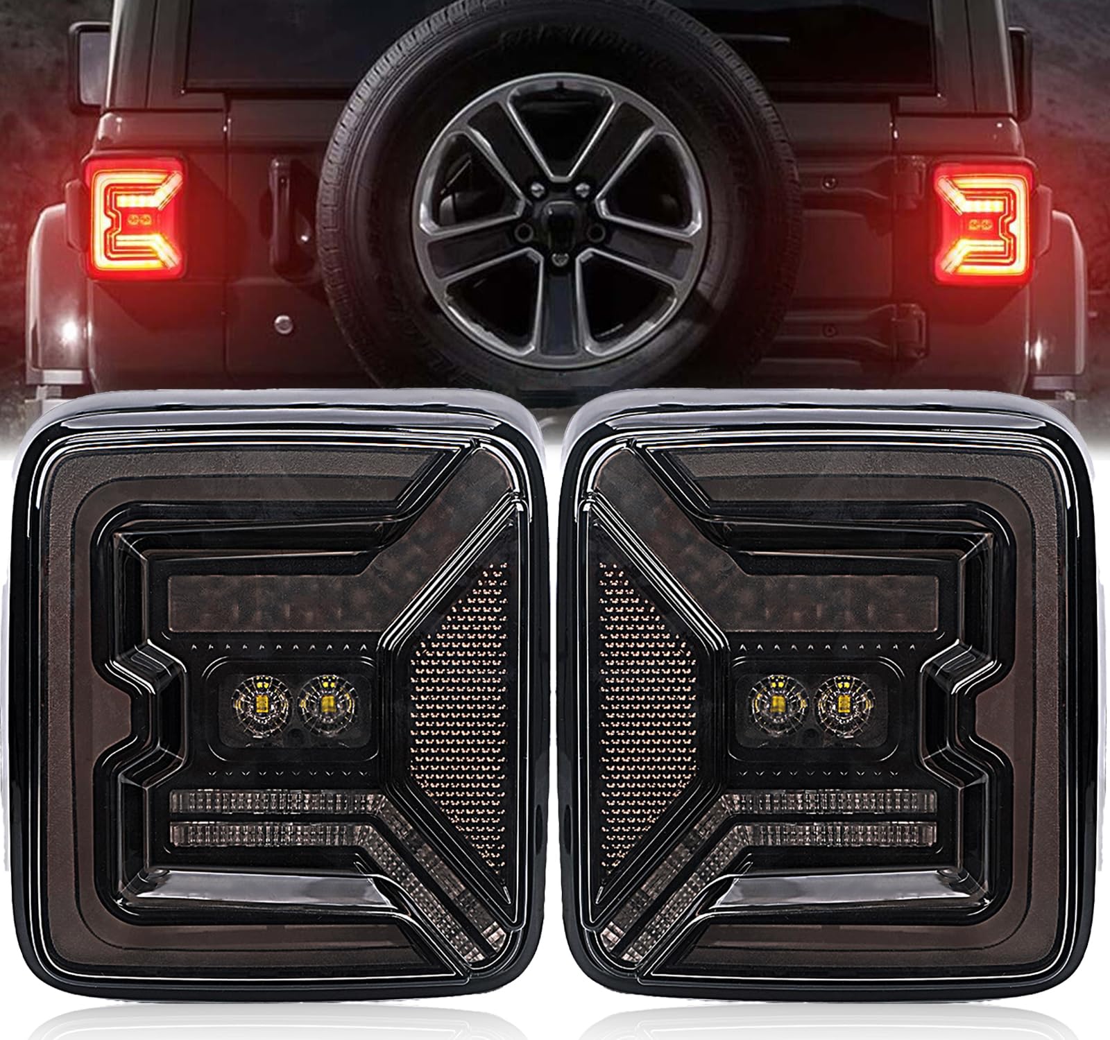AUDEXEN LED Tail Lights for Jeep Wrangler JL JLU 2018-2024 - 20W Reverse Lights, EMC Built-in, C-Shaped Design, DOT Approved, Black Lens (2-Pack) - Perfect for Off-Roading & Night Driving