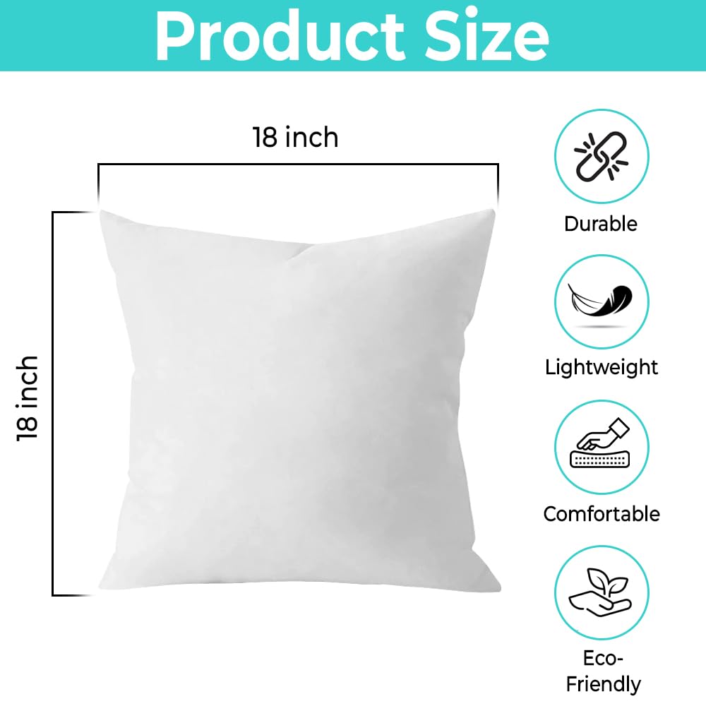 18x18 Inch Down Alternative Throw Pillow Inserts - Pack of 2 White Decorative Pillow Filler for Sofa, Bed & Living Room - Soft Couch Cushions for Home Decor & Comfort