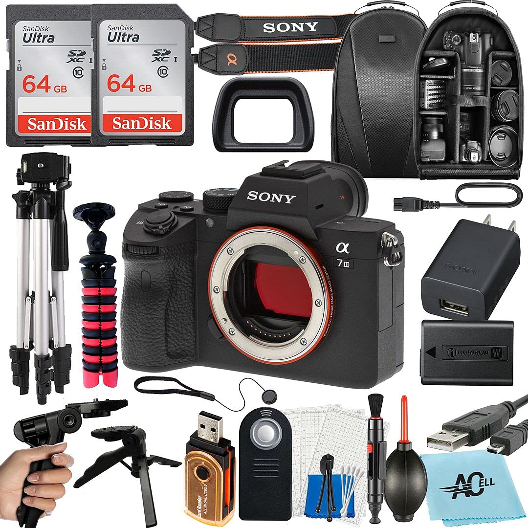 Sony Alpha a7 III Full Frame Mirrorless Digital Camera 24.2MP with 2x SanDisk 64GB SD Cards, Camera Backpack, Tripod & Accessories Kit (Black) - Professional Photography, Travel & Vlogging Gear