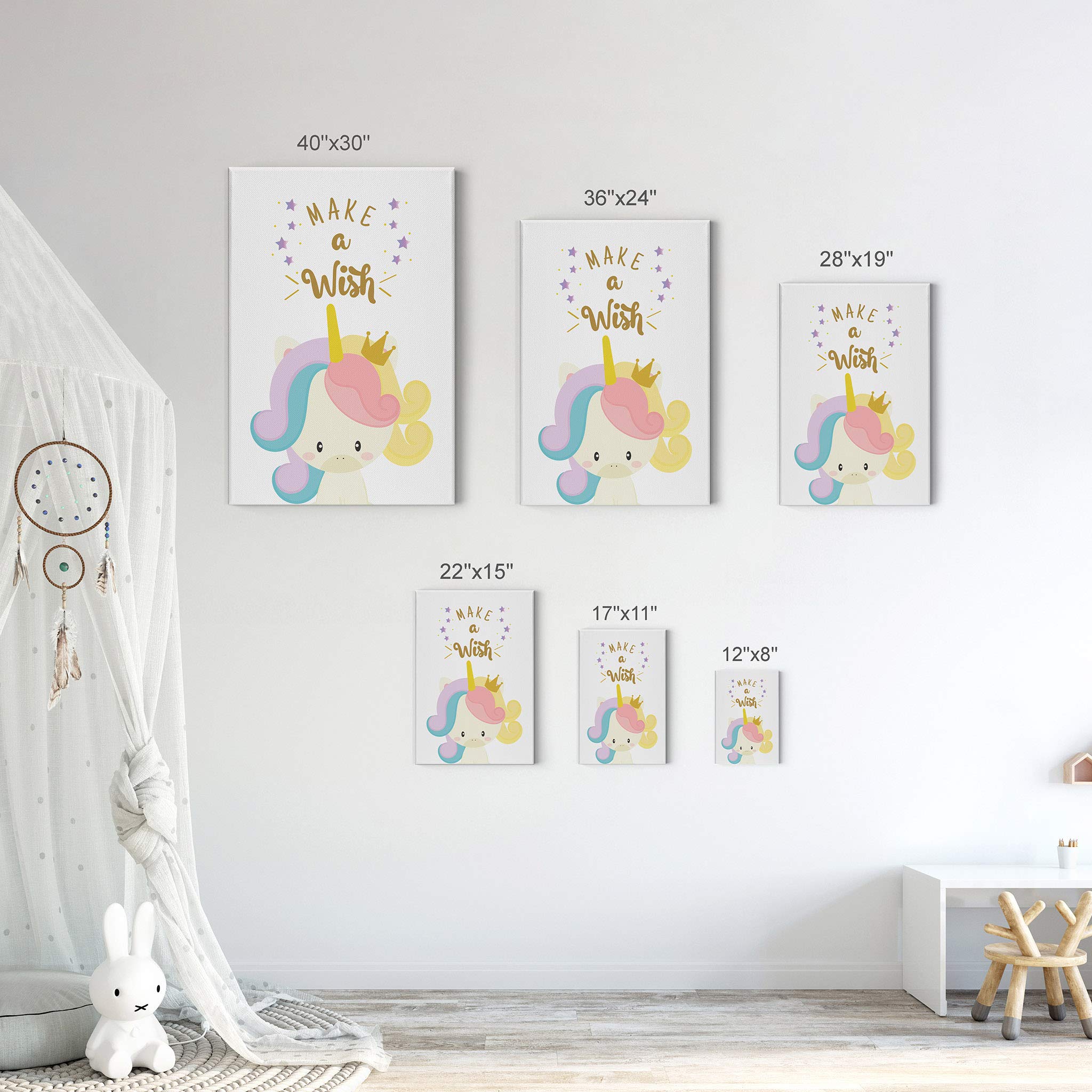 Smile Art Design Cute Unicorn Wall Art Canvas Print - 12x8 Inches, Ready to Hang, Made in USA - Inspirational 'Make a Wish' Quote for Kids Room, Nursery & Baby Room Decor - Perfect Gift for Unicorn Lovers & Birthday Presents