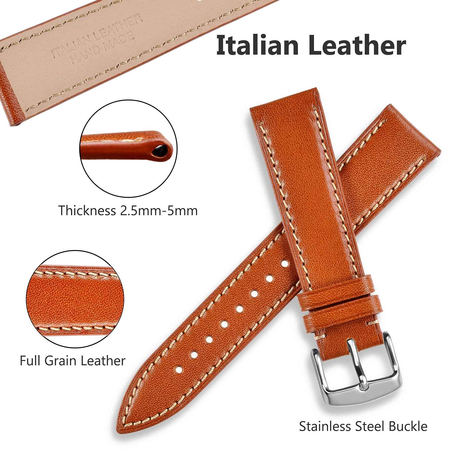 WOCCI 18mm Genuine Italian Leather Watch Band - Silver Buckle Luxury Replacement Strap for Smartwatches & Classic Watches (Gold Brown) | Perfect for Business, Casual & Formal Occasions