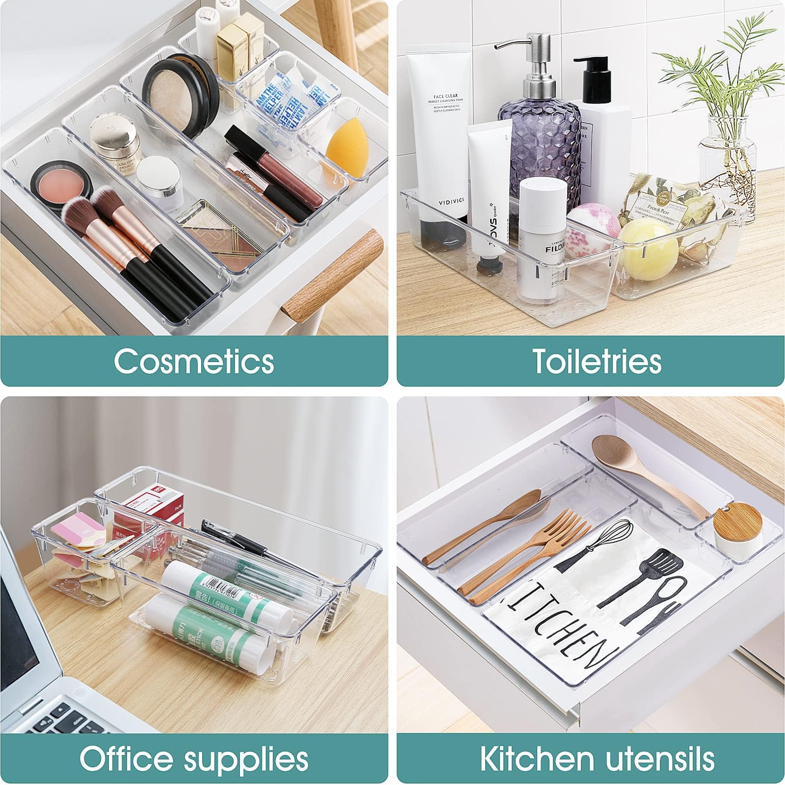 WOWBOX 30-Piece Clear Plastic Drawer Organizer Set - 5 Sizes for Makeup, Jewelry & Gadgets Storage | Perfect for Kitchen, Bedroom, Bathroom & Office Organization | Space-Saving Drawer Dividers & Storage Bins