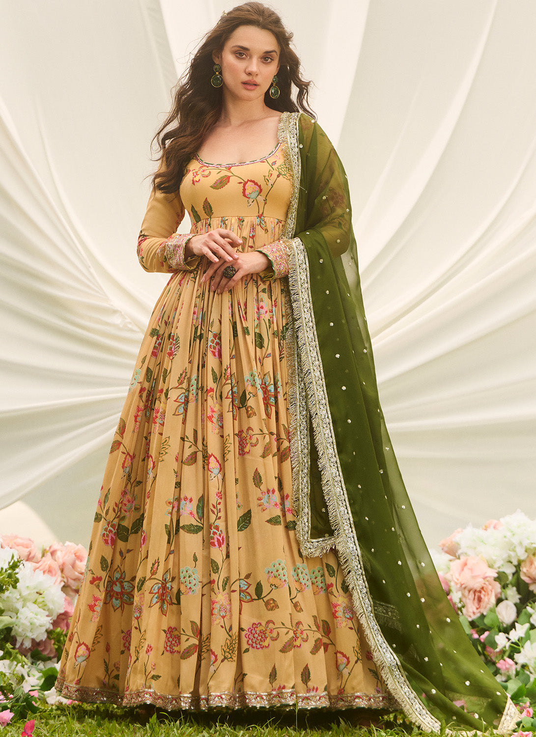 Mustard and Green Floral Printed Anarkali Dress for Women | Elegant Indian Ethnic Wear | Perfect for Weddings, Parties & Festive Occasions