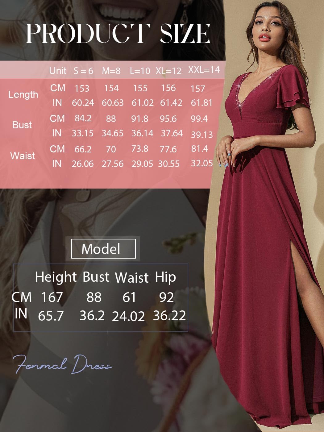 Elegant Aukmla Women's Red V-Neck Short Cap Sleeve Wedding Guest Dress - Formal Evening Gown for Bridal Shower, Cocktail Party & Special Occasions