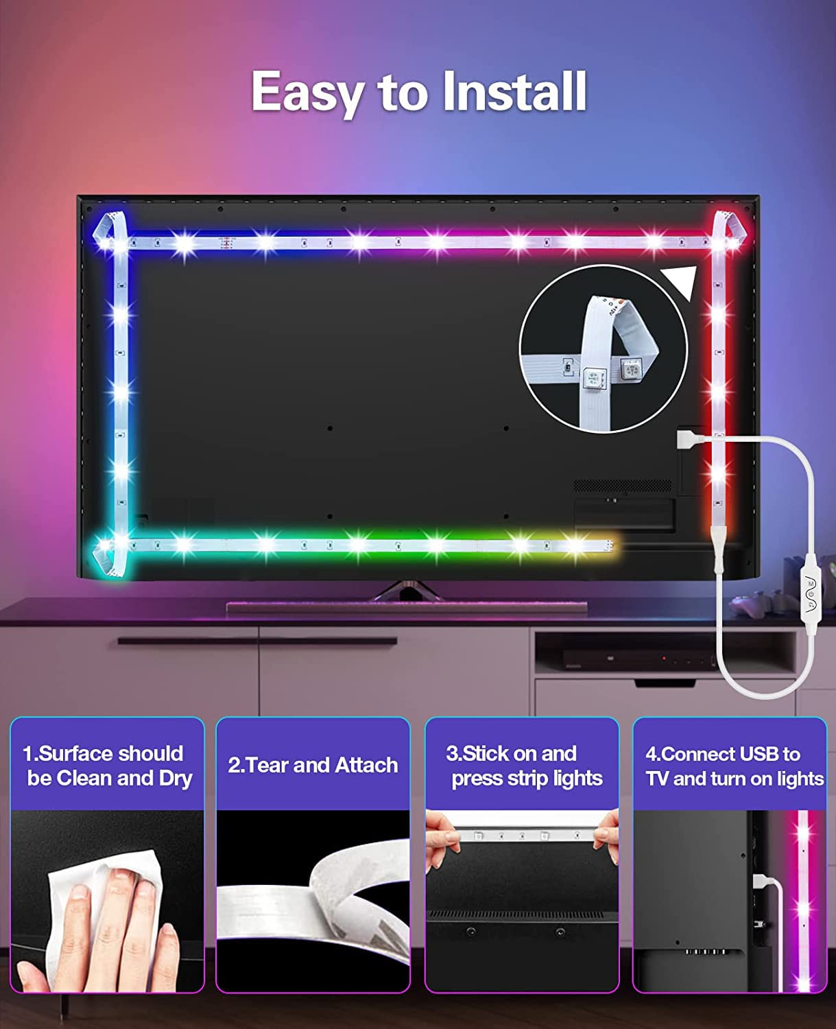 Daymeet 16.4FT RGB LED TV Backlight Strip - Smart Bluetooth App Control with Remote, USB Music Sync, Color Changing Lights for 45-85 Inch TVs - Perfect for Bedroom Ambient Lighting & Home Theater Setup