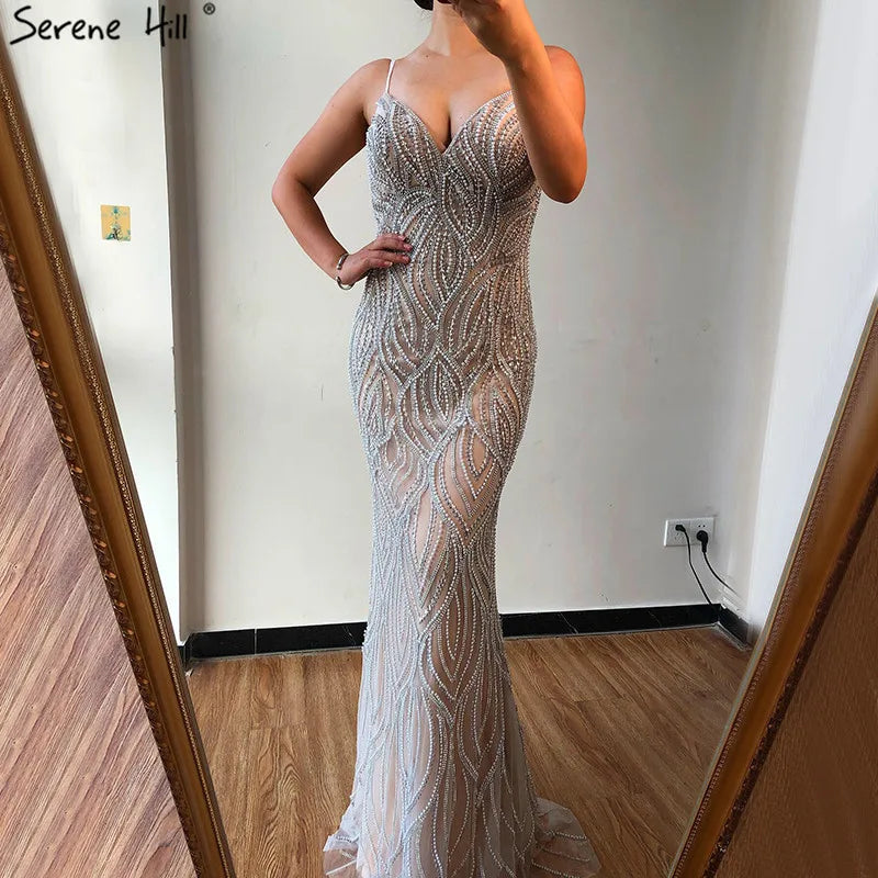 Elegant Nude White Mermaid Evening Gown with Spaghetti Straps - Luxury Women's Formal Dress for Prom, Wedding & Special Occasions - Serene Hill Collection 2025 LA70214