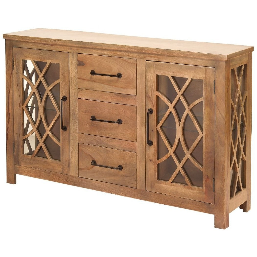 French Arched Indian Solid Wood Buffet Cabinet with Glass Door & 3 Drawers - Elegant Dining Room Storage for China, Silverware & Linens