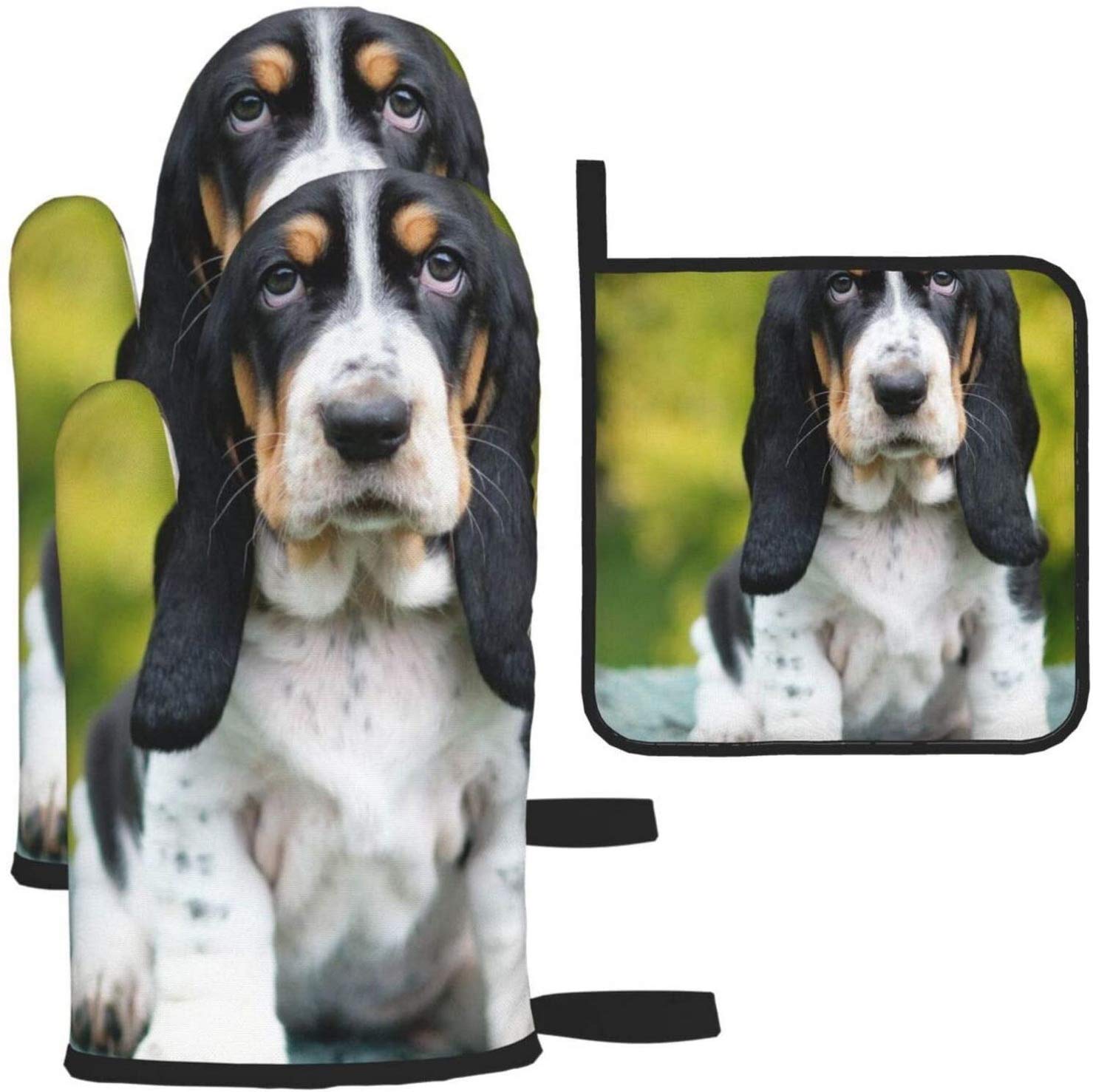 Basset Hound Oven Mitts and Pot Holders - Heat Resistant Non-Slip Kitchen Gloves for Cooking, Baking, Grilling & BBQ - Perfect for Baking Cookies, Roasting Turkey, and Outdoor Barbecues