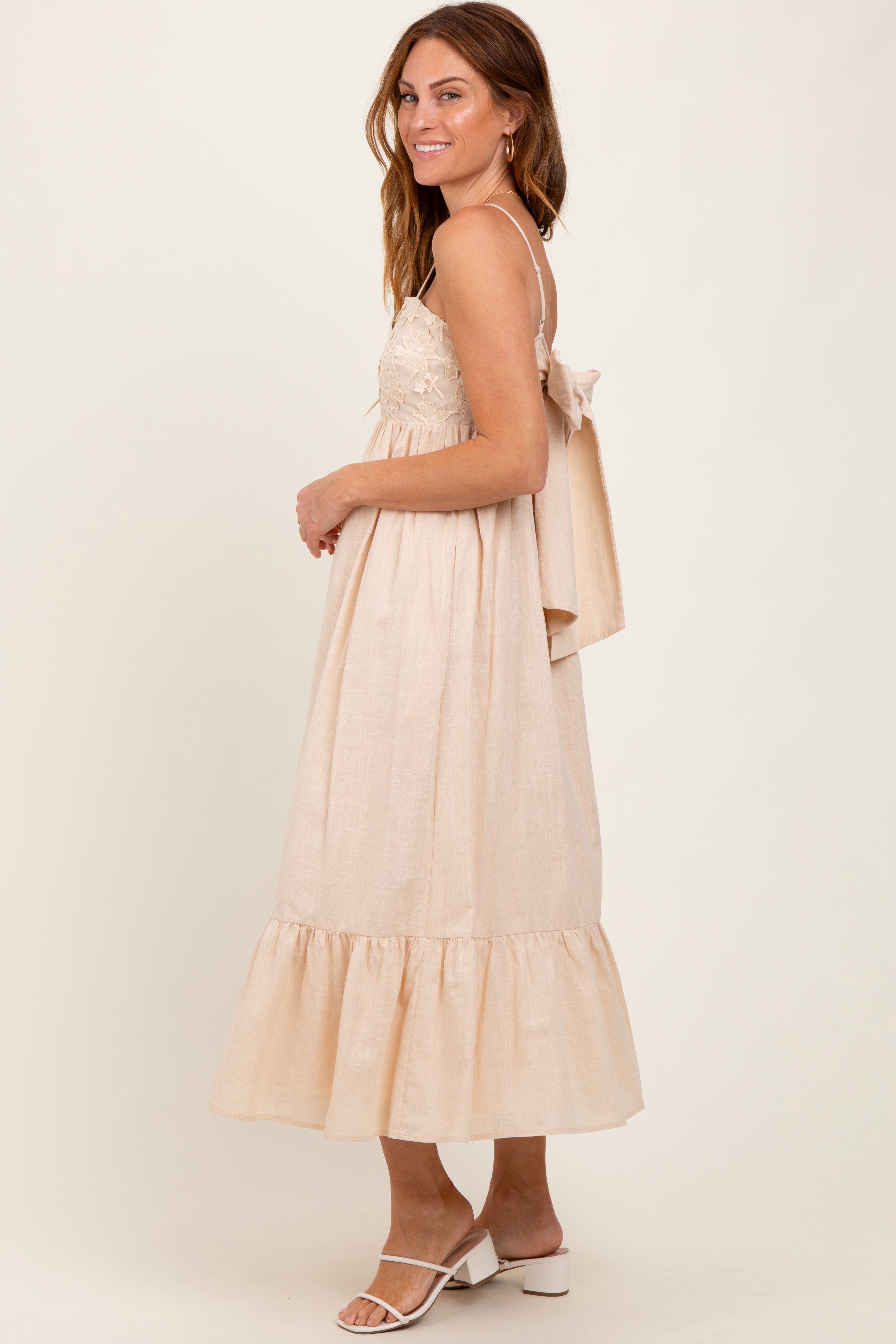 Beige Floral Embroidery Back Ribbon Midi Dress - Women's Elegant Summer Party Dress for Weddings, Garden Parties & Date Nights