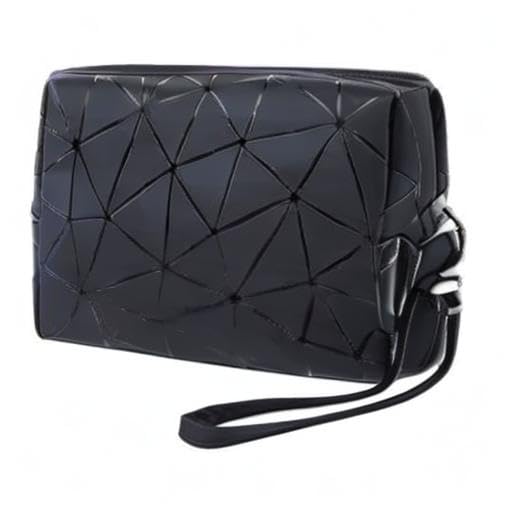 JUBLYN Waterproof PU Leather Cosmetic Bag - Multipurpose Makeup Pouch with Zipper, Soft Geometric Toiletry Organizer for Women & Girls (Black) | Perfect for Travel, Gym, and Daily Essentials Storage
