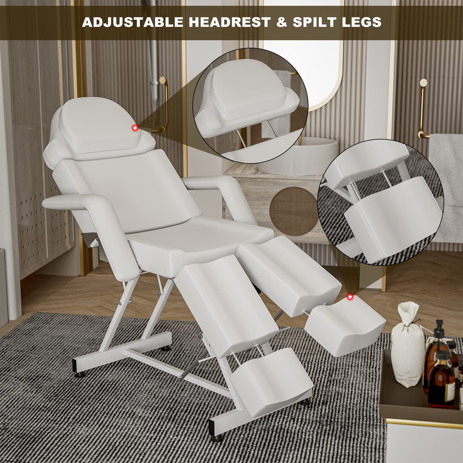Adjustable Facial Bed Tattoo Chair with Split Legs & Storage Pocket - Professional Spa Massage Table for Estheticians, Lash Extensions & Microblading - White | Perfect for Salon, Tattoo Studio & Beauty Treatments