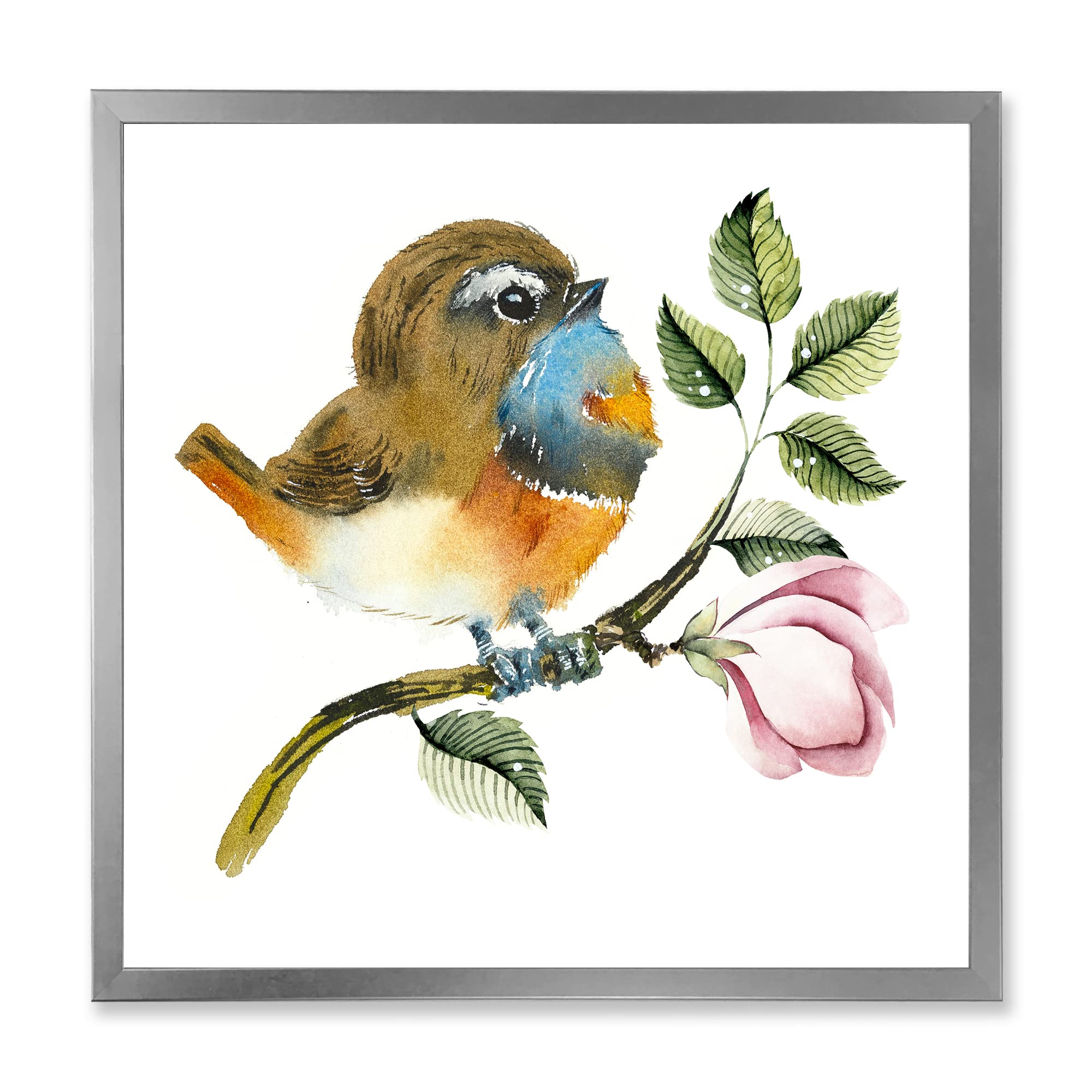 DesignQ Traditional Framed Wall Art - Blue Throat Bird on Branch Painting - Home & Office Decor for Living Room, Bedroom, Study