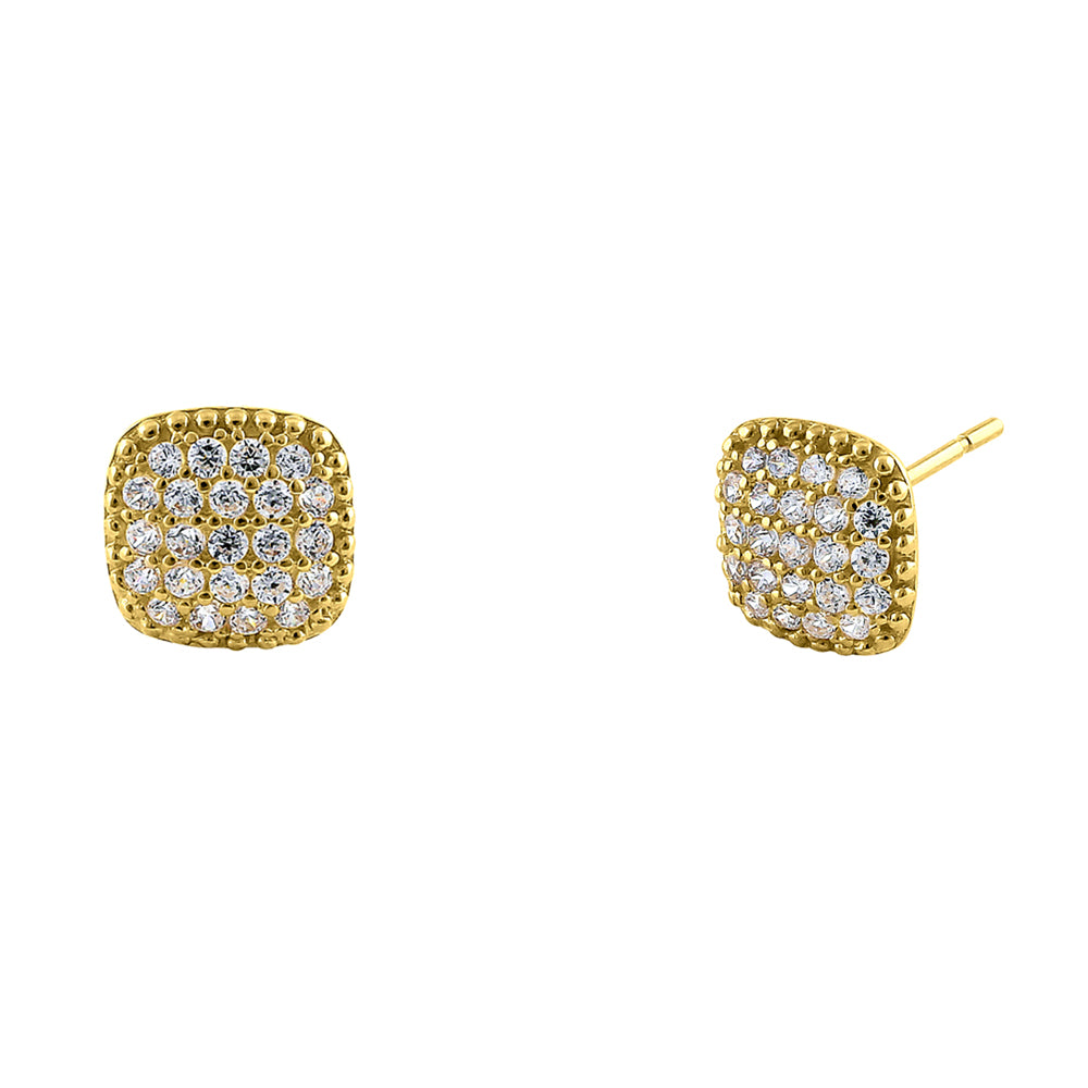 14K Yellow Gold Square Pave Round Cubic Zirconia Earrings for Women - Elegant & Durable CZ Stud Earrings for Parties, Weddings & Everyday Wear