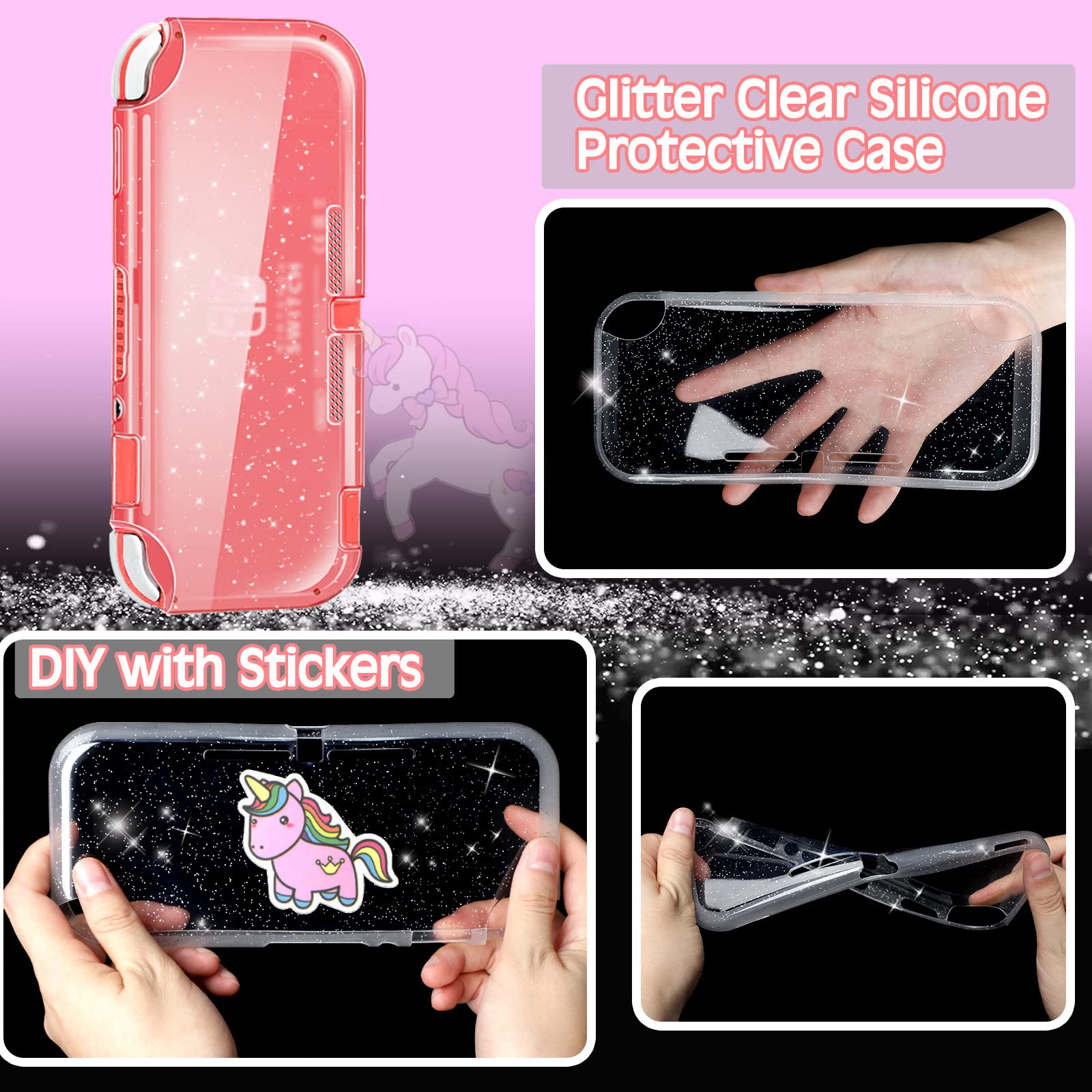 Pink Unicorn Nintendo Switch Lite Carrying Case with Crystal Glitter - Soft Protective Cover, Screen Protector & Stickers - Hard Storage Travel Case Accessories Kit for Girls (Perfect Birthday Gift for Gaming & Travel)