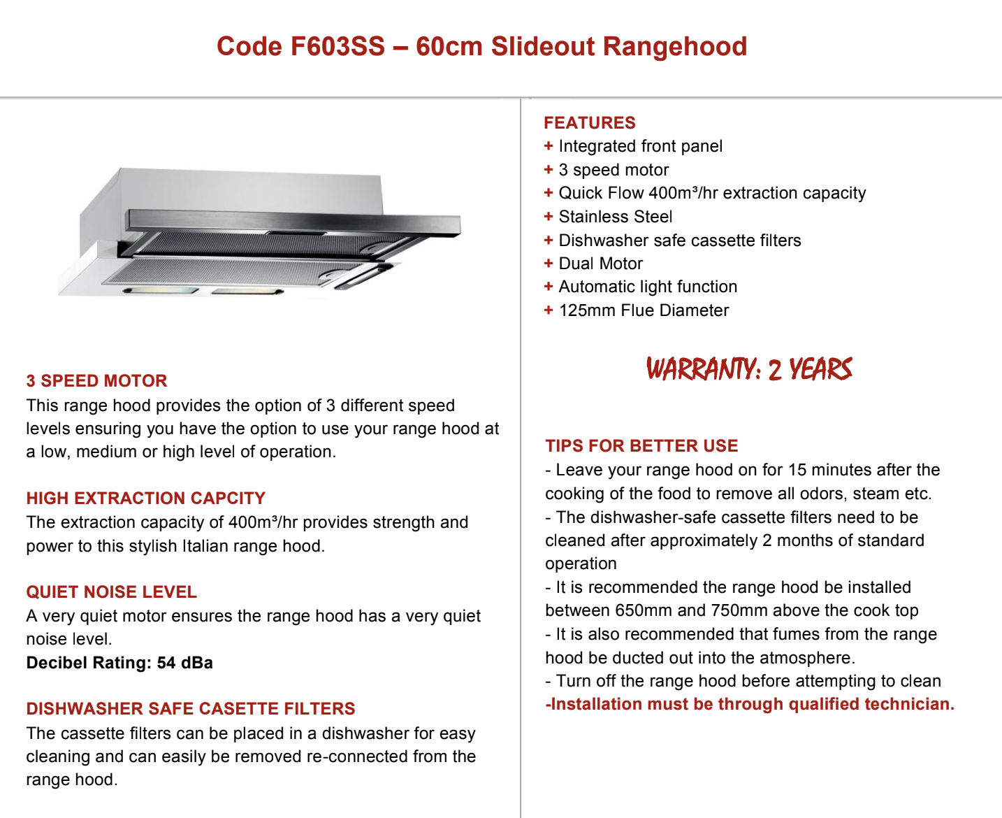 Premium Blanco BRS602X Replacement Range Hood - Fratelli Onofri Series F603SS 60cm Slide-Out Range Hood | Italian Made Stainless Steel | Perfect for Modern Kitchens & Professional Cooking
