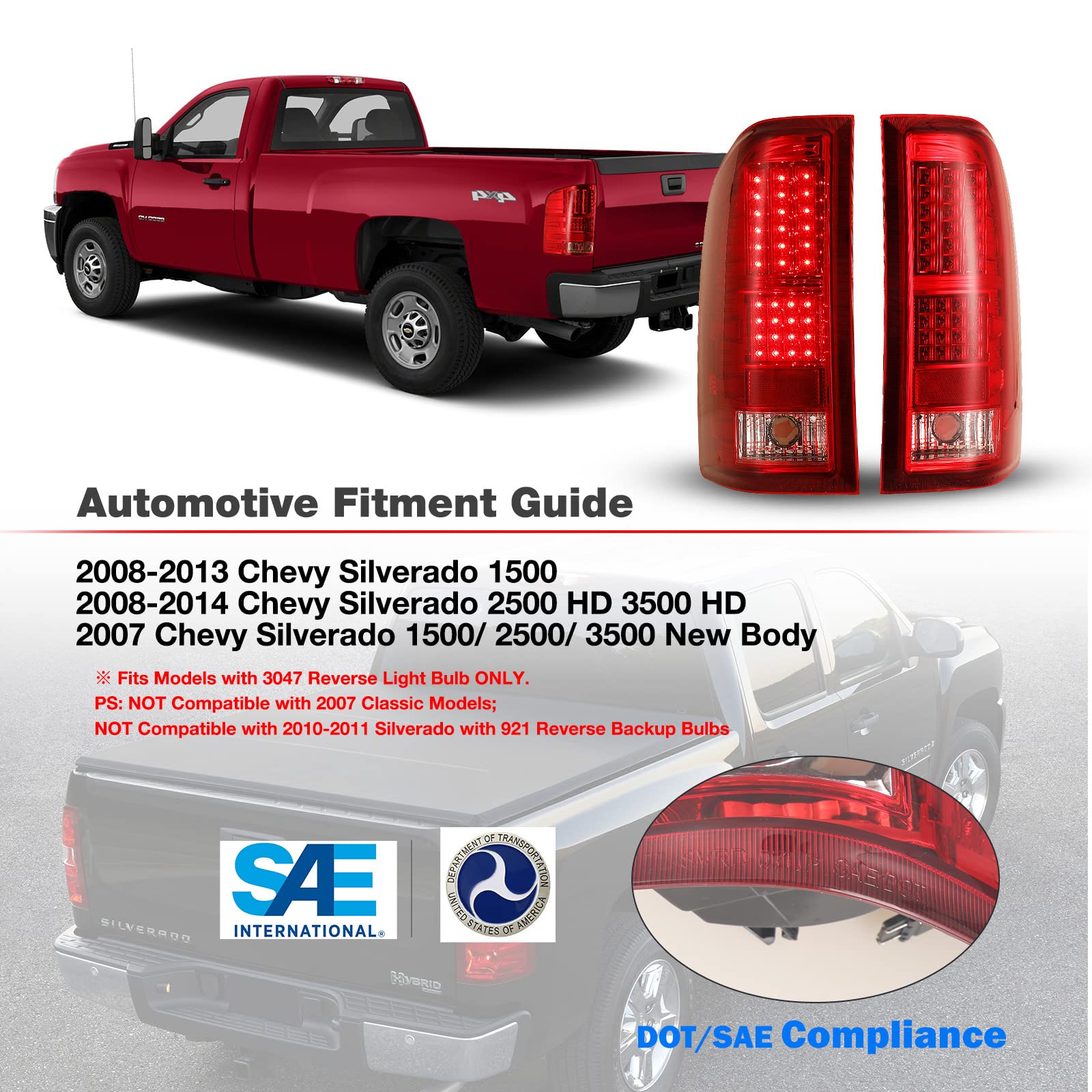 LED Tail Lights for 2007-2013 Chevy Silverado 1500 & 2007-2014 Silverado 2500/3500 - Red Lens LED Taillight Assembly Pair (Driver & Passenger Side) - Durable Replacement for Pickup Truck Rear Lamps - Perfect for Night Driving and Enhanced Safety