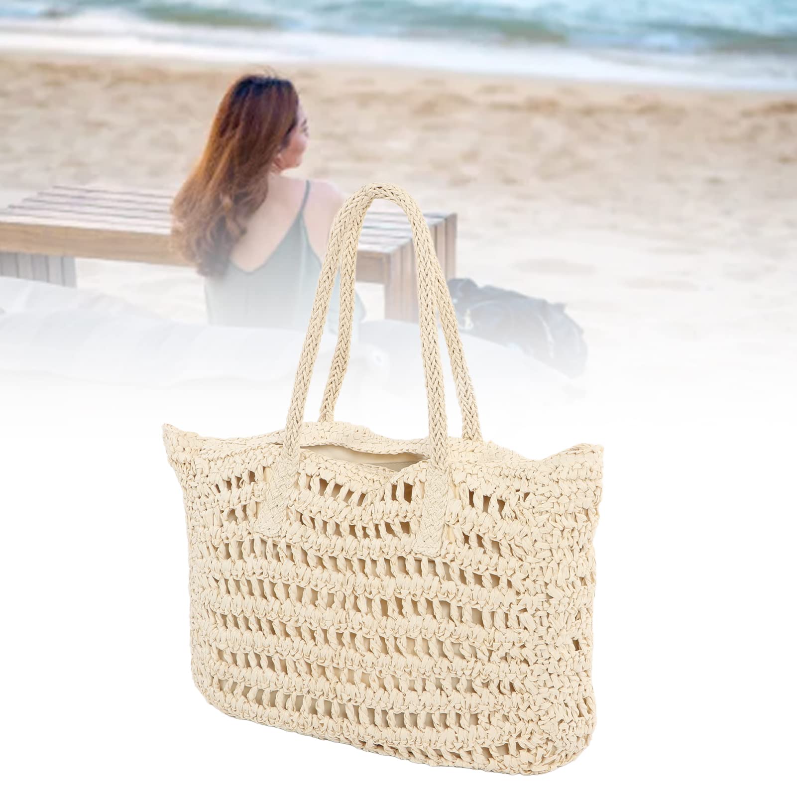 Vintage Woven Straw Beach Tote Bag - Large Handwoven Summer Shoulder Bag with Zipper Inner Pocket (Beige) | Perfect for Beach Vacations, Picnics, and Summer Outings