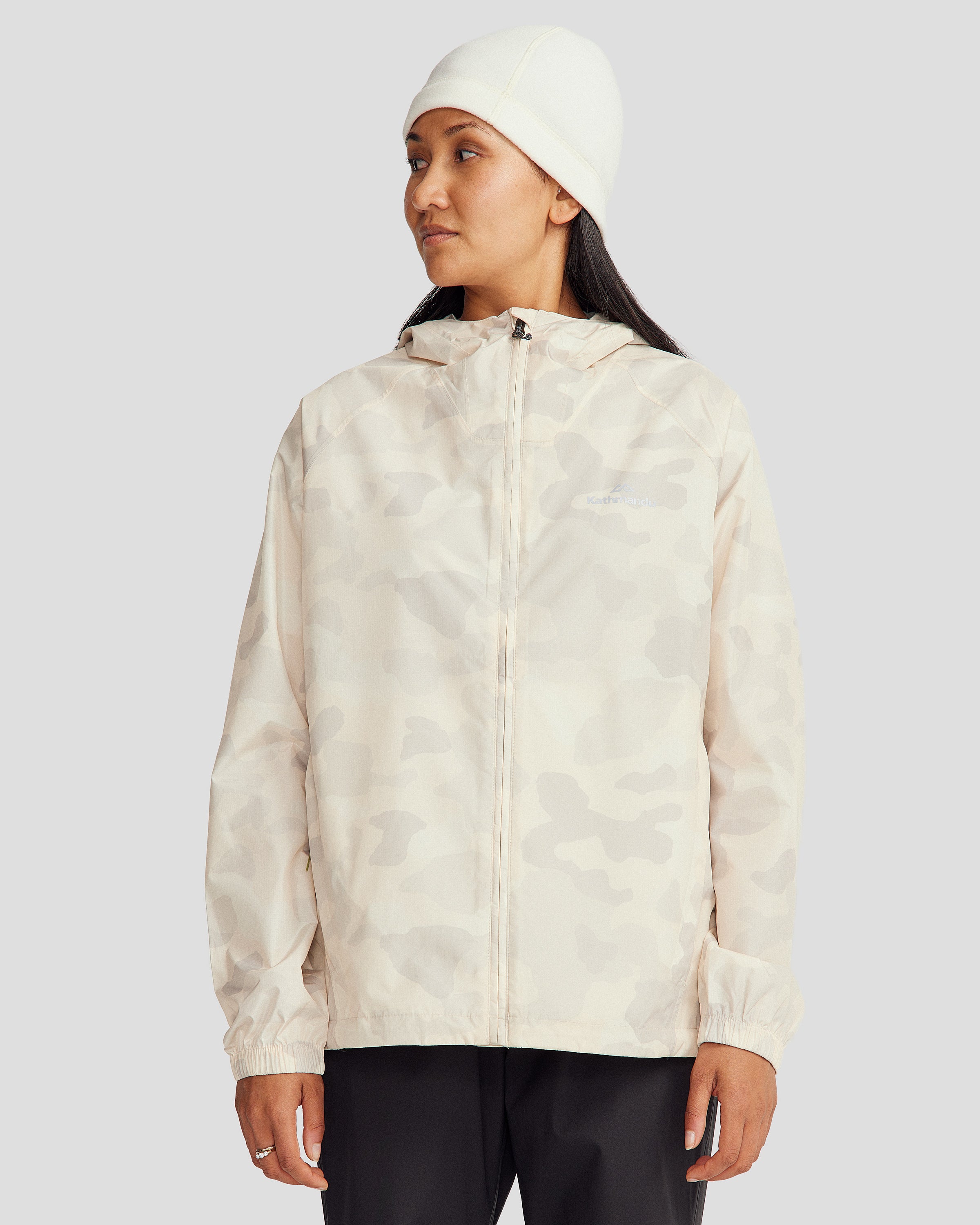Waterproof 2L Women's Rain Jacket with Natural Tree Camo Print - Lightweight Packable Outdoor Jacket for Hiking, Camping & Travel