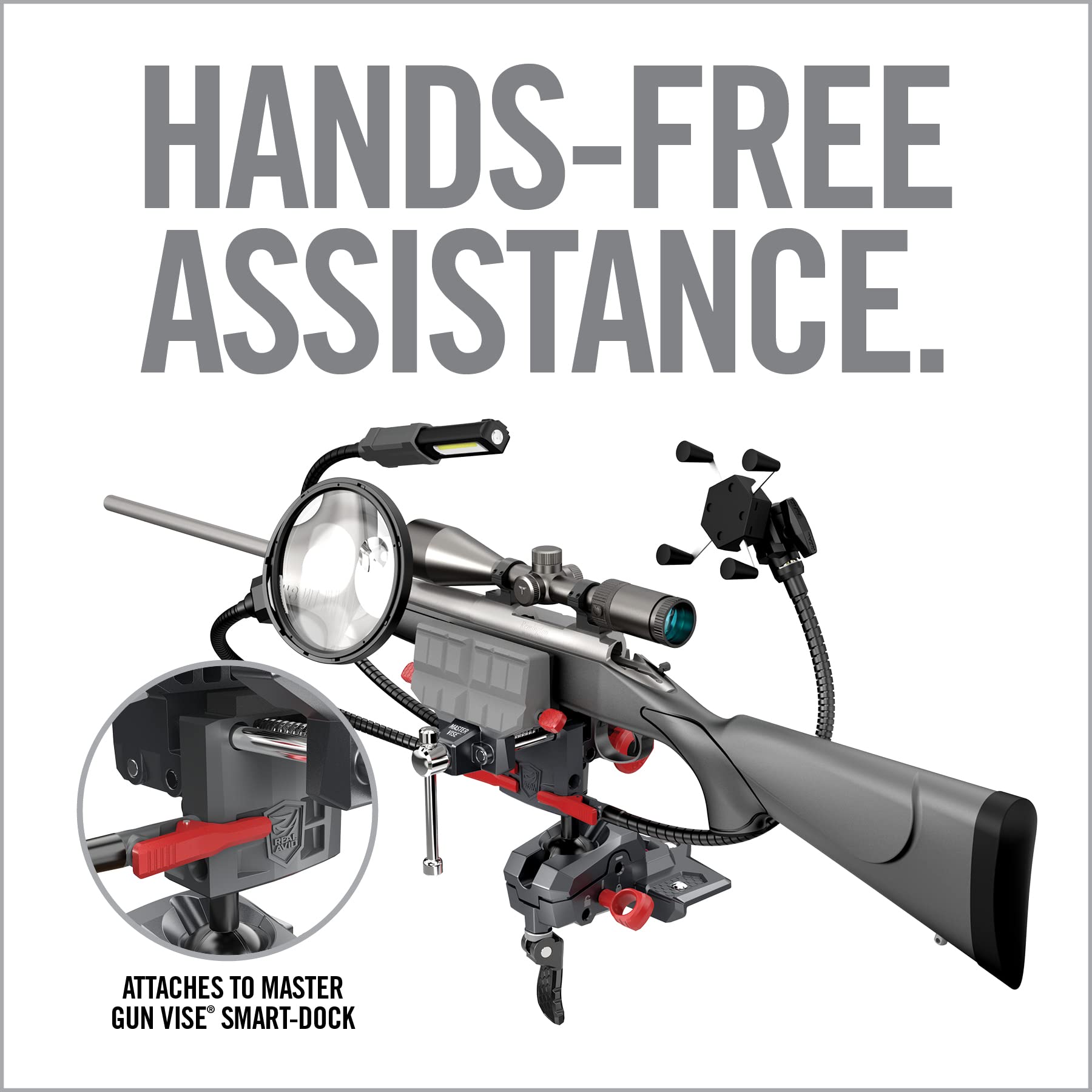 Real Avid Smart-Assist Accessory System - 180 Lumen Work Light, 5-Inch Magnifying Glass & Phone Holder | Perfect for Gunsmithing, DIY Repairs & Crafting Projects