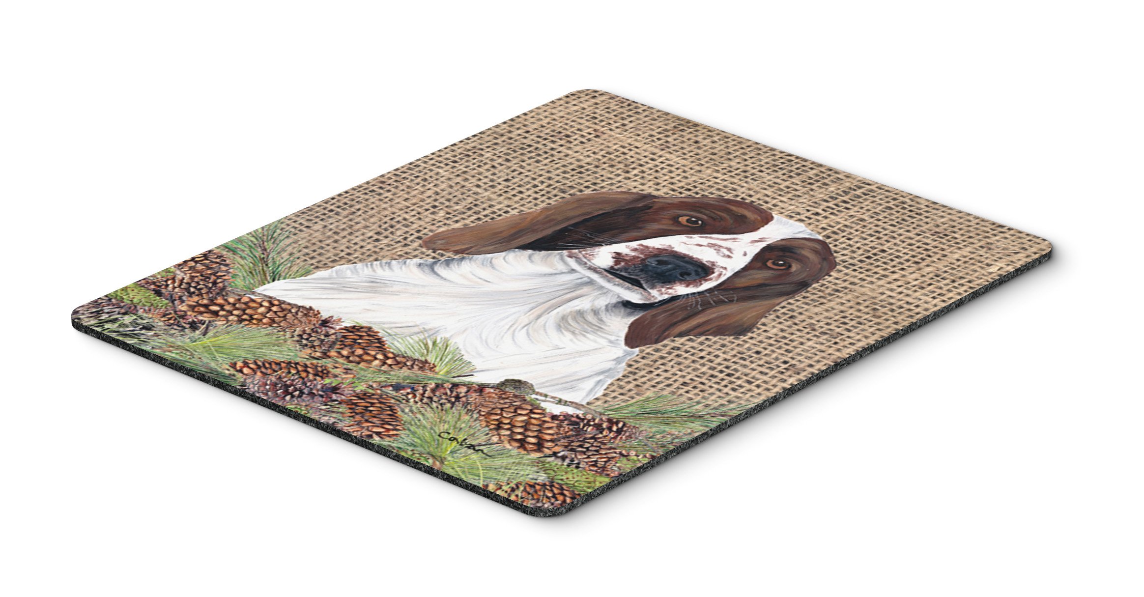 Welsh Springer Spaniel Faux Burlap Mouse Pad with Pine Cones - Large Washable Desk Mat for Home Office, Gaming & Computer Work - Non-Slip Trivet & Hot Pad for Kitchen Use