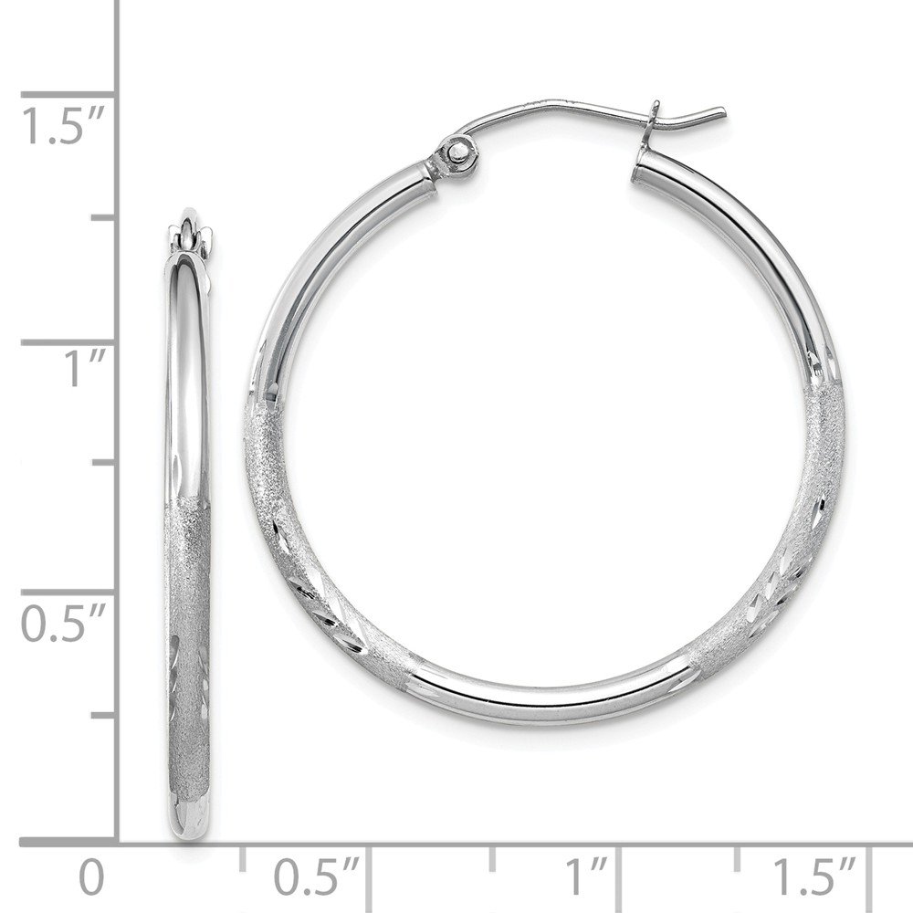 14K White Gold Satin & Diamond-Cut 2mm Round Hoop Earrings for Women - Elegant Everyday Jewelry for Work, Date Night & Special Occasions