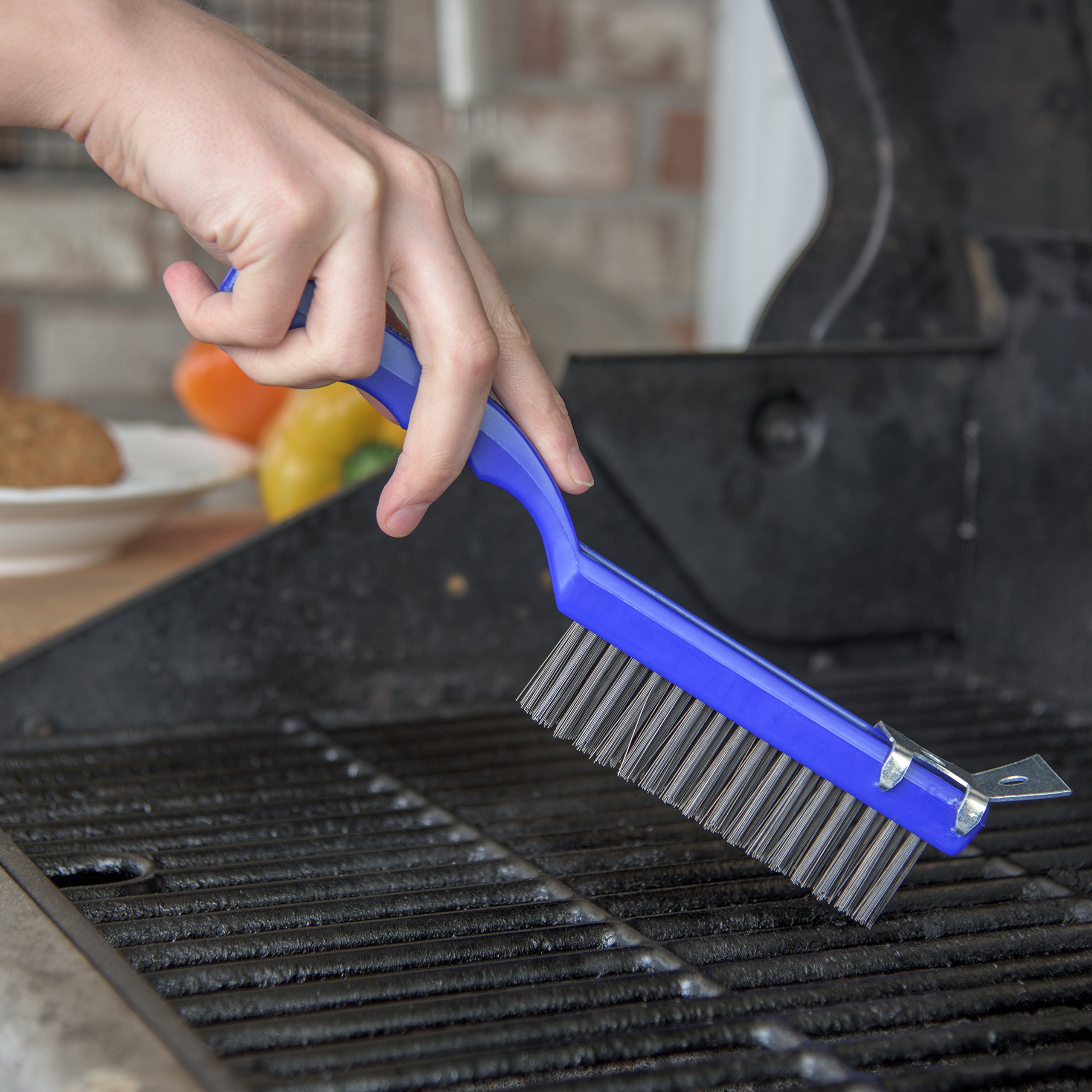 SPARTA 4067100 Heavy Duty Plastic Kitchen Brush with Scraper - 11.38 Inch Grill & Griddle Cleaning Brush for Restaurants, Home Kitchens - Durable Blue Bristles (Pack of 12) - Perfect for BBQ Grills, Stovetops & Outdoor Cooking