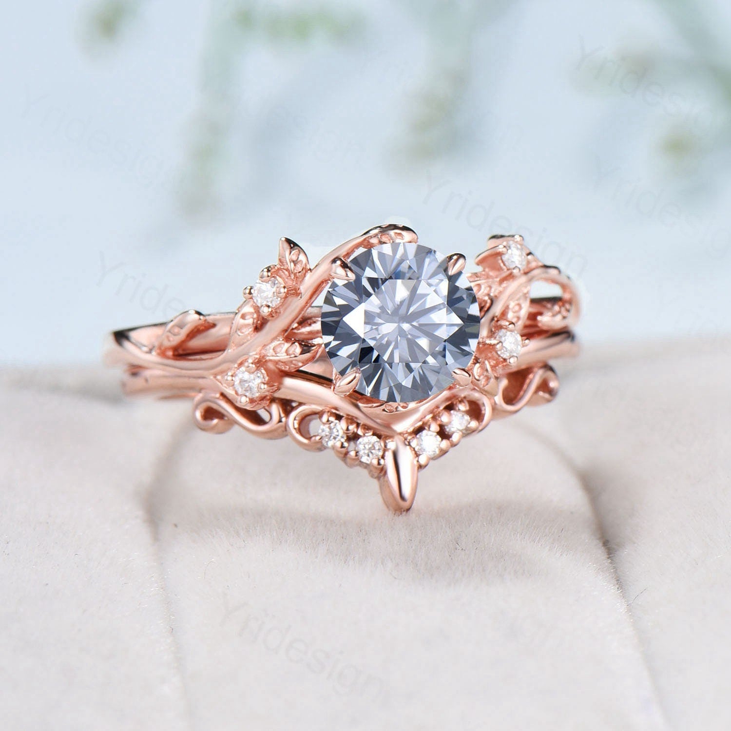 Leaf Twig Gray Moissanite Engagement Ring Set - Platinum Moissanite Wedding Band for Women - Nature Inspired Leaves Bridal Jewelry - Perfect for Outdoor Weddings & Nature-Themed Proposals