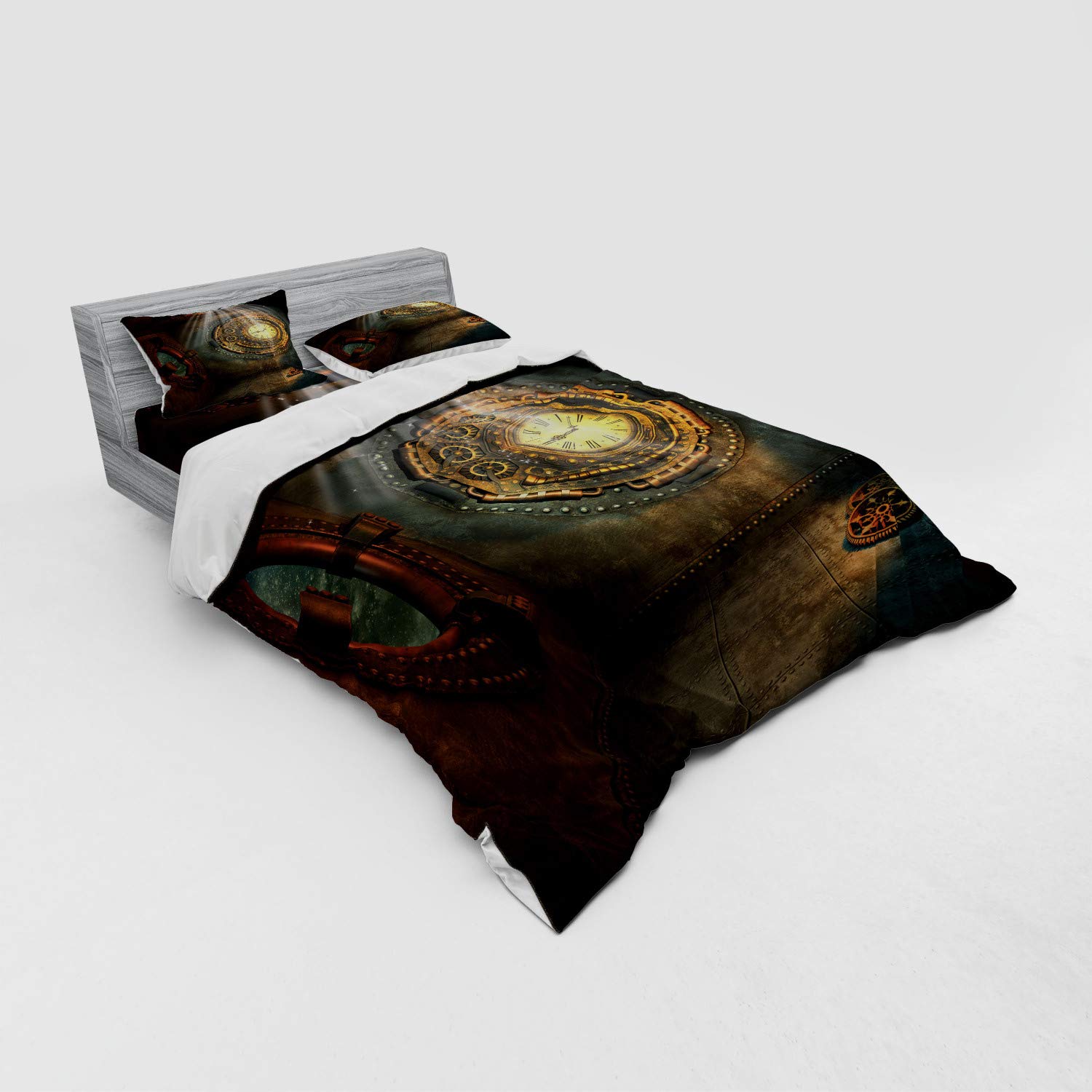 Ambesonne Fantasy Duvet Cover Set - Queen Size 4-Piece Bedding with Clock Dream Sky Design, Brown & Teal Fictional Artwork - Includes Shams & Fitted Sheet for Bedroom Decor | Perfect for Fantasy Themed Rooms, Guest Bedrooms & Cozy Retreats