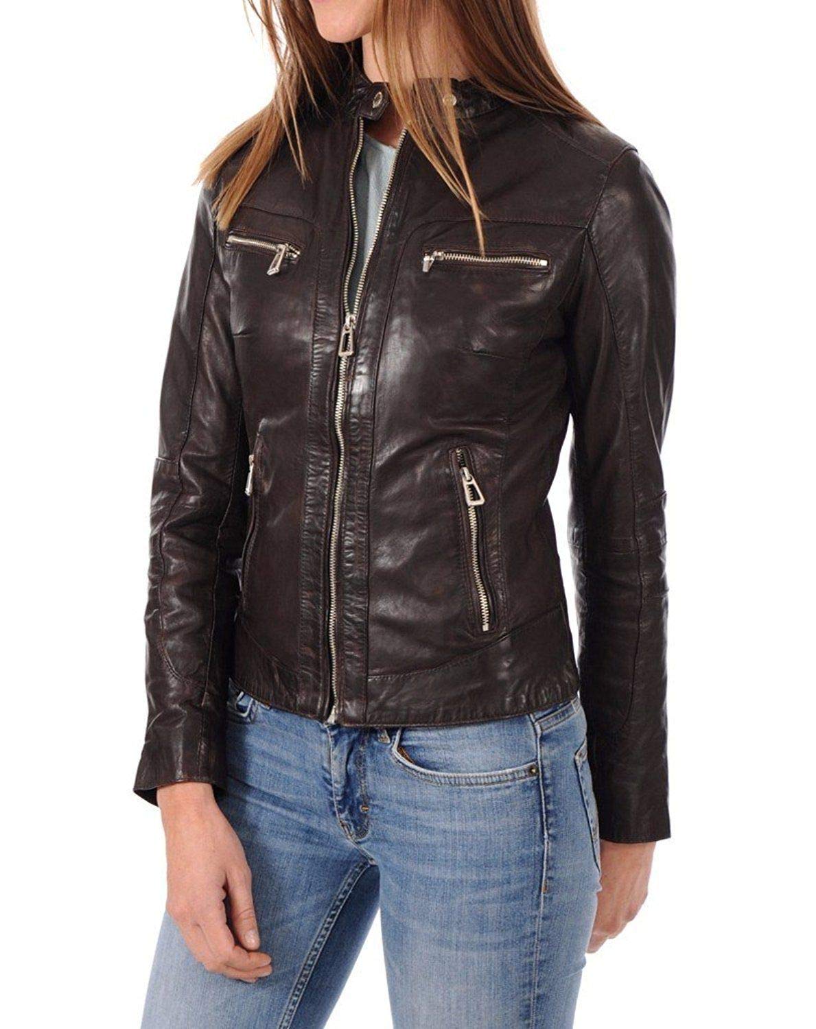 Stylish Women's Leather Motorcycle Jacket - Quilted Bomber Biker Jacket for Women, Dark Brown Genuine Leather Outerwear - Perfect for Riding, Casual Wear & Night Out