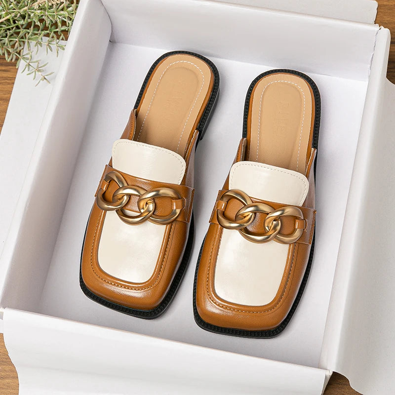 2023 British Style Women's Flat Slippers with Metal Chain Design - Comfortable Casual Mules for Party & Work Wear (Sizes 41-43) | Perfect for Office, Home & Evening Events