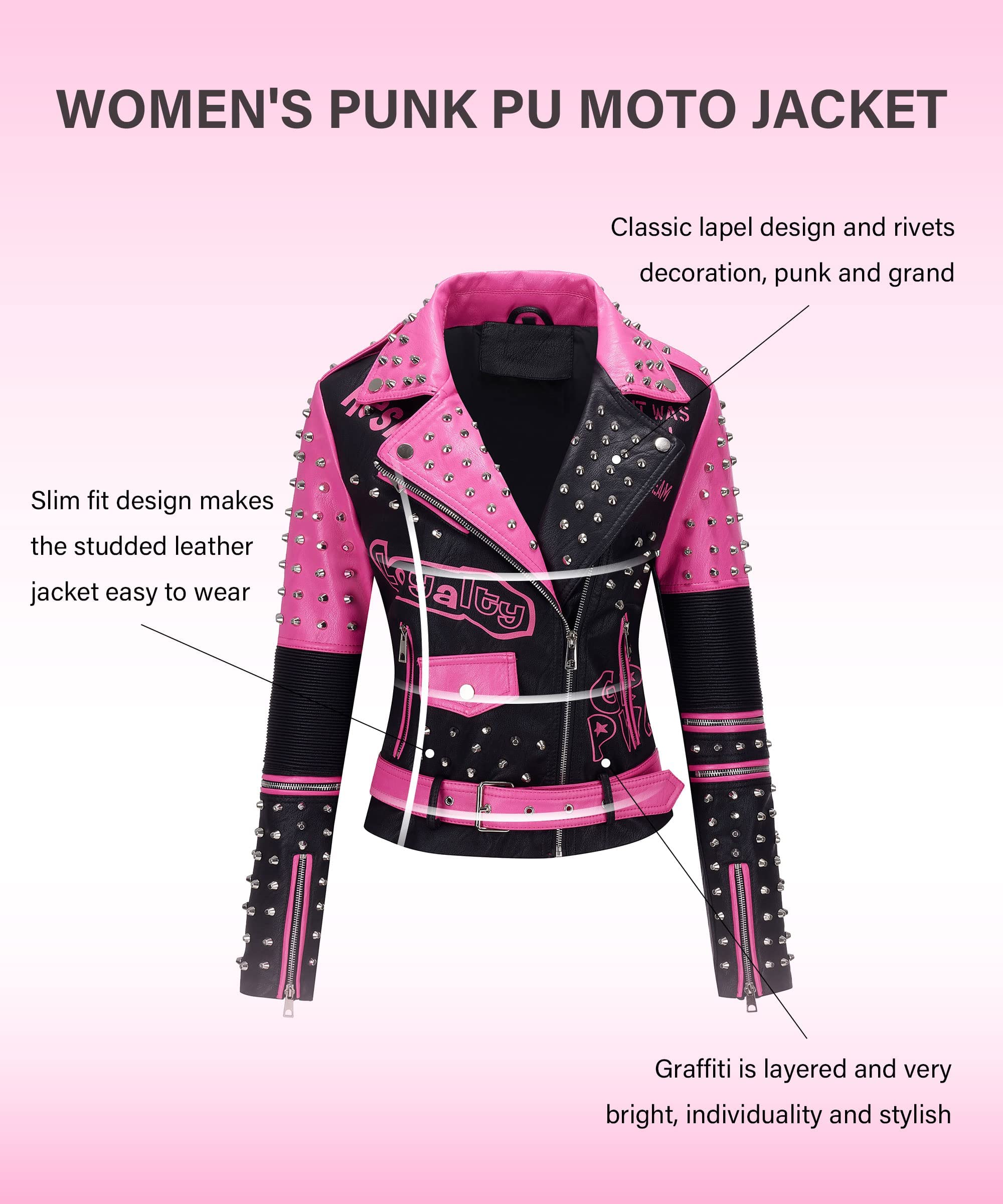 RISISSIDA Women's Faux Leather Jacket with Studs & Rivets - Trendy Moto Biker Jacket for Spring Fall Winter - Streetwear Belted Coat for Casual Outfits, Night Out, and Fashion Events