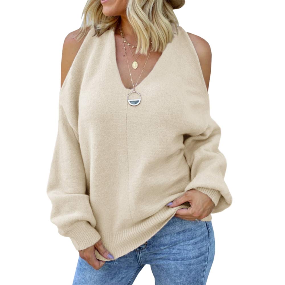 Langwyqu Women's Oversized V-Neck Sweater - Cold Shoulder Long Sleeve Loose Knit Pullover for Casual Wear | Perfect for Fall, Winter & Date Nights