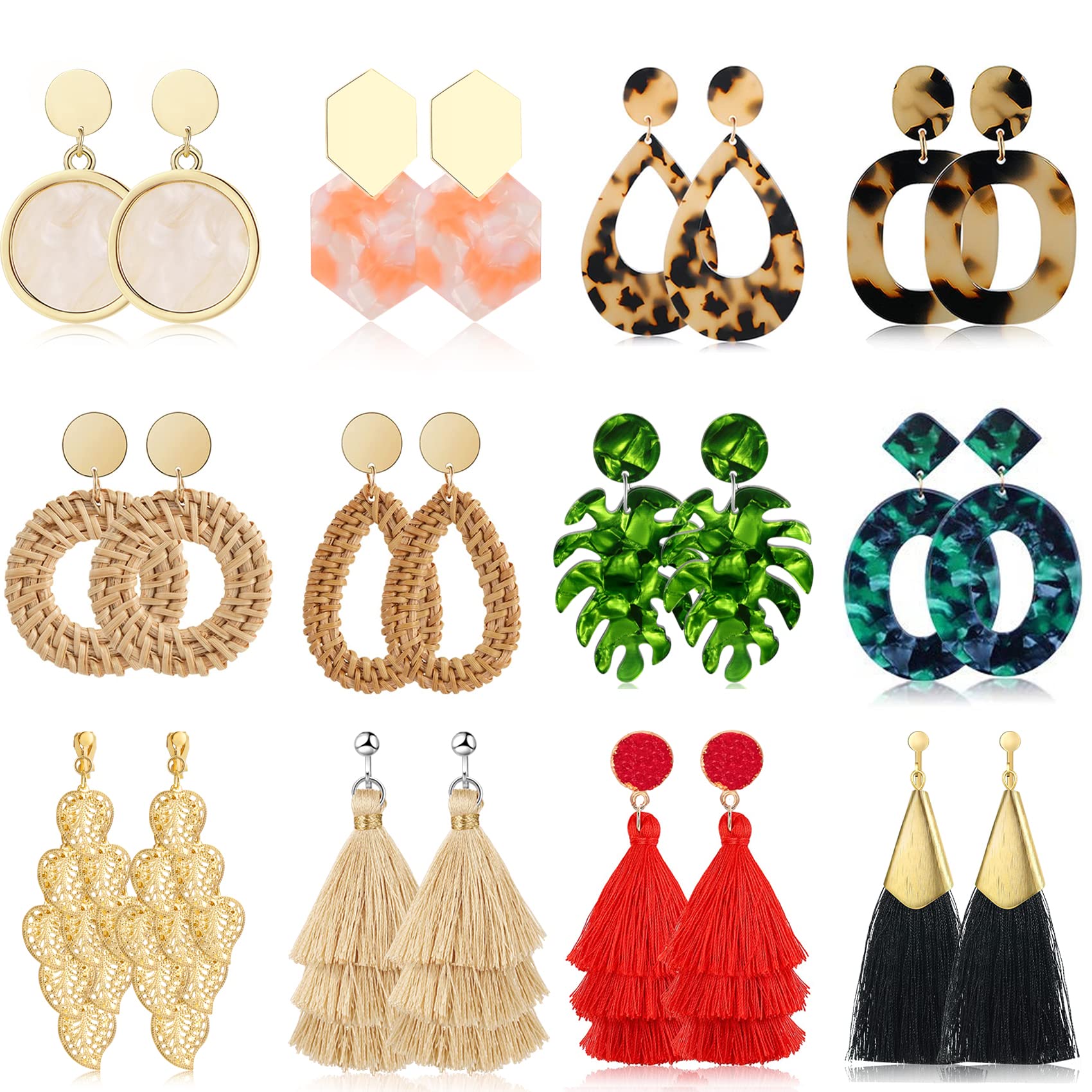 Honsny 12 Pairs Clip On Earrings for Women - Fashion Rattan Tassel Earrings Set, Bohemian Acrylic Statement Non-Piercing Drop Dangle Earrings for Women & Girls | Perfect for Parties, Weddings & Boho Outfits