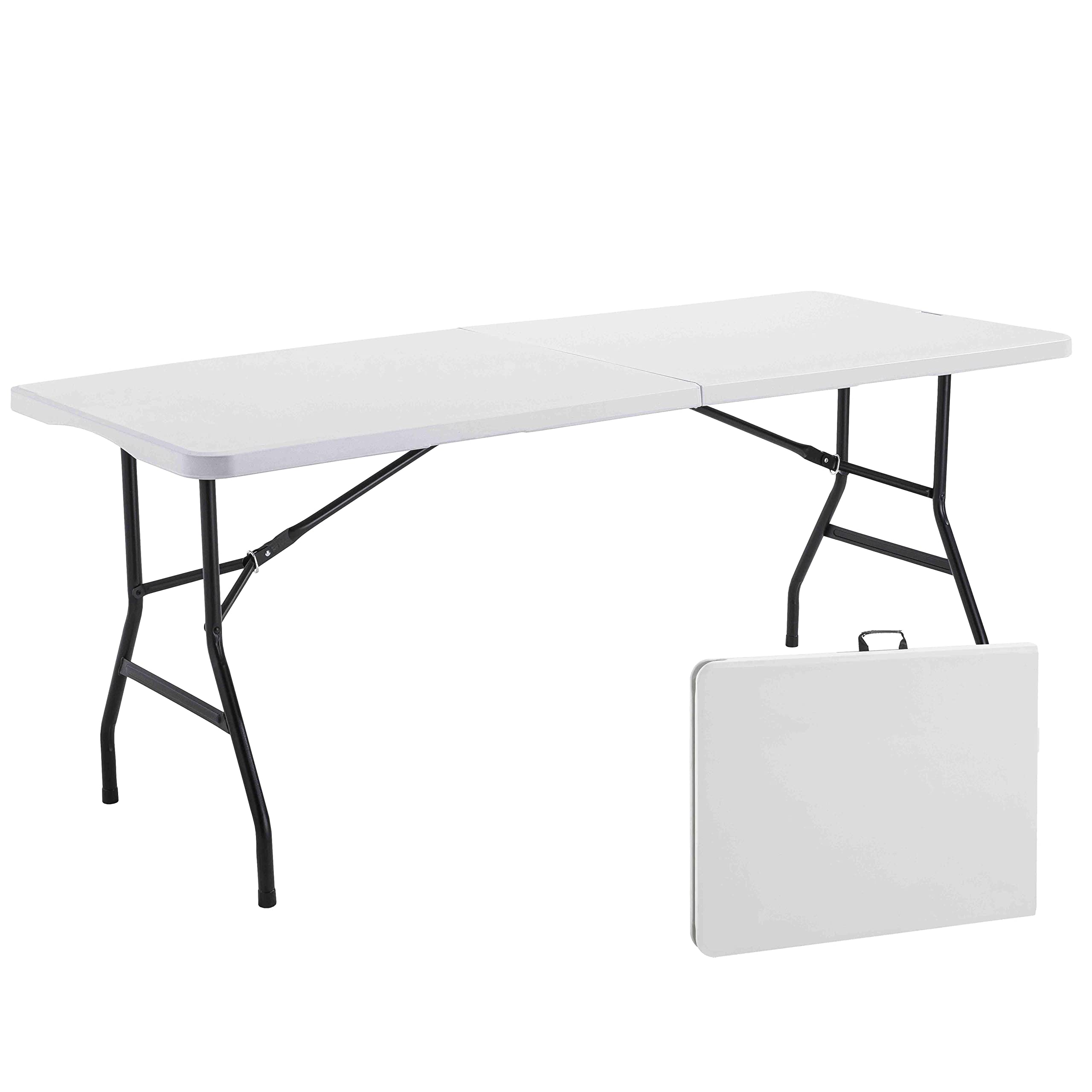 180cm Portable Folding Table for Camping, Picnic, Party & Catering - Stainless Steel Frame with White/Black Top (180x75x74cm) - Perfect for Outdoor Events, Home Use & Commercial Settings