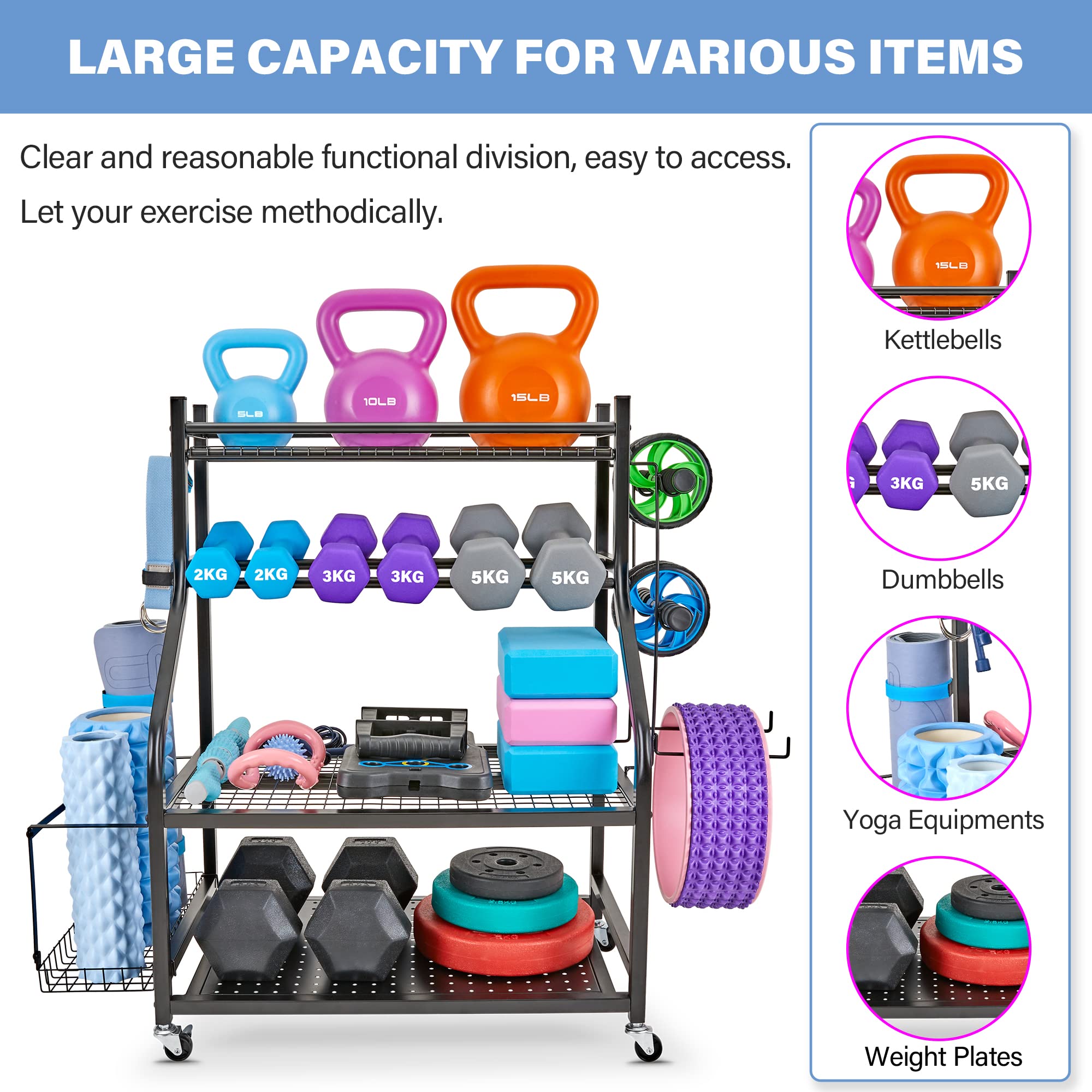 Dumbbell Rack & Yoga Mat Storage Organizer - Heavy Duty Home Gym Equipment Stand for Dumbbells, Kettlebells & Yoga Mats | All-in-One Workout Gear Storage with Wheels | Perfect for Home Gym, Garage & Fitness Studio Organization