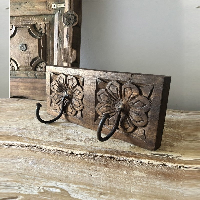 Floral Hand Carved Indian Wooden Coat Rack Wall Hanger With 2 Hooks - Vintage Home Decor for Entryway, Bedroom & Hallway Organization