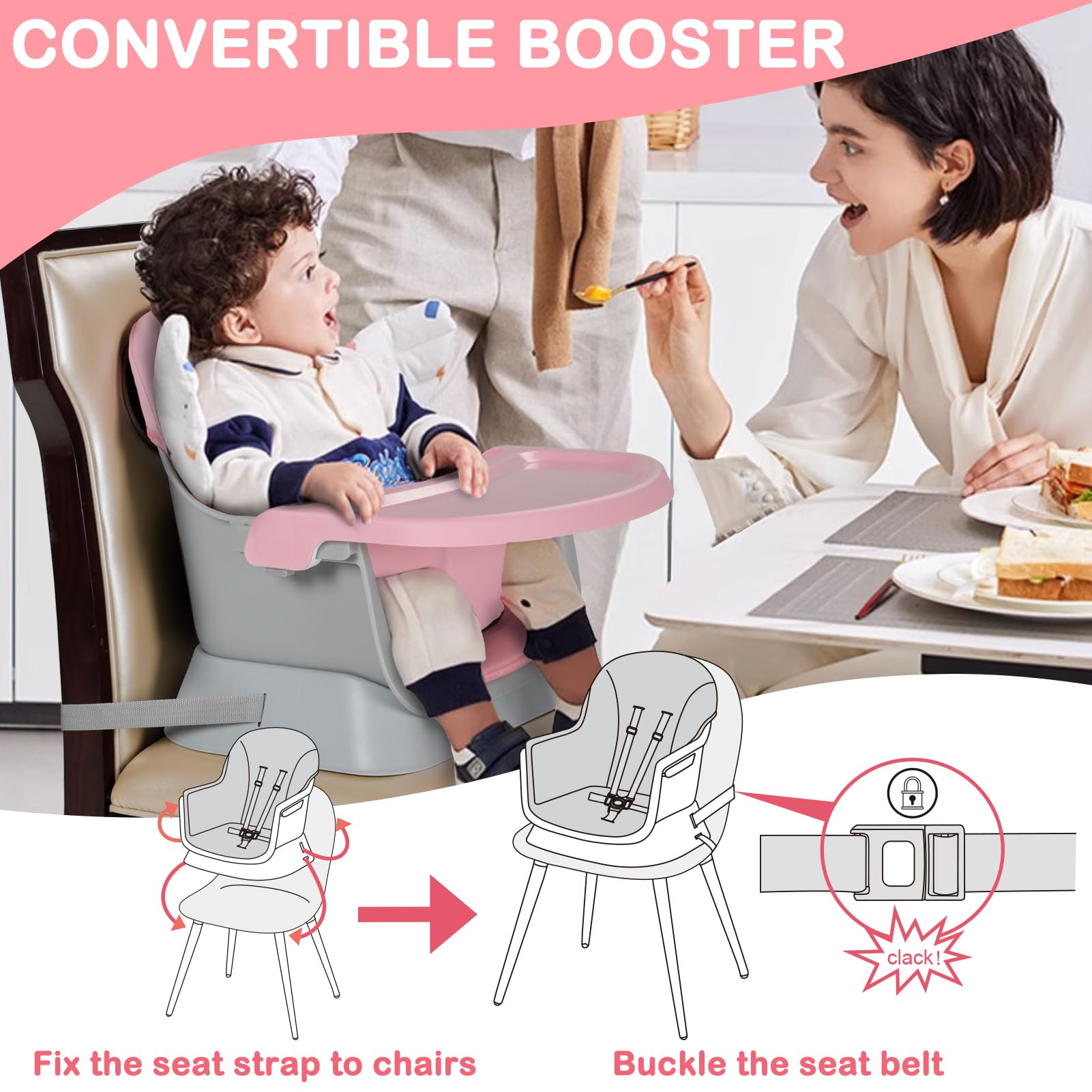 8-in-1 Convertible Baby High Chair with Removable Tray - Adjustable Toddler Dining Booster Seat & Kids Building Block Activity Table - Safe Feeding Chair for Boys & Girls (Pink) - Perfect for Mealtime, Playtime & Learning Activities