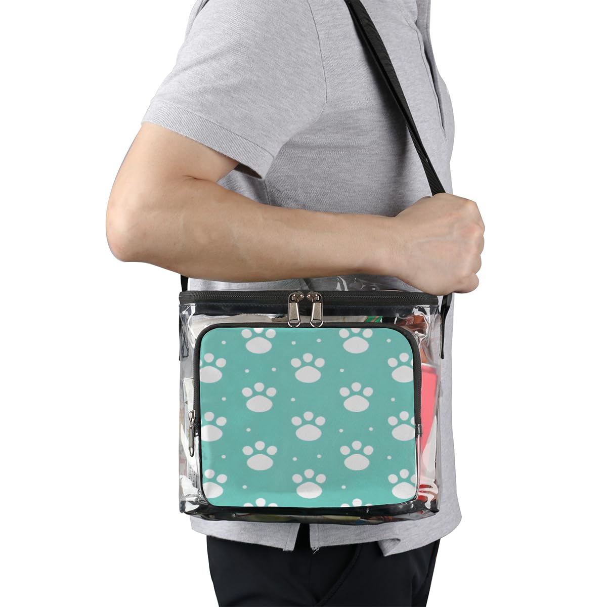 Cute White Paw Print Clear Tote Bag with Handles - Transparent Crossbody Shoulder Bag for Lunch, Outdoor, Travel, Picnic, Concerts & Sports Events | Stadium Approved Multipurpose Purse for Women & Girls