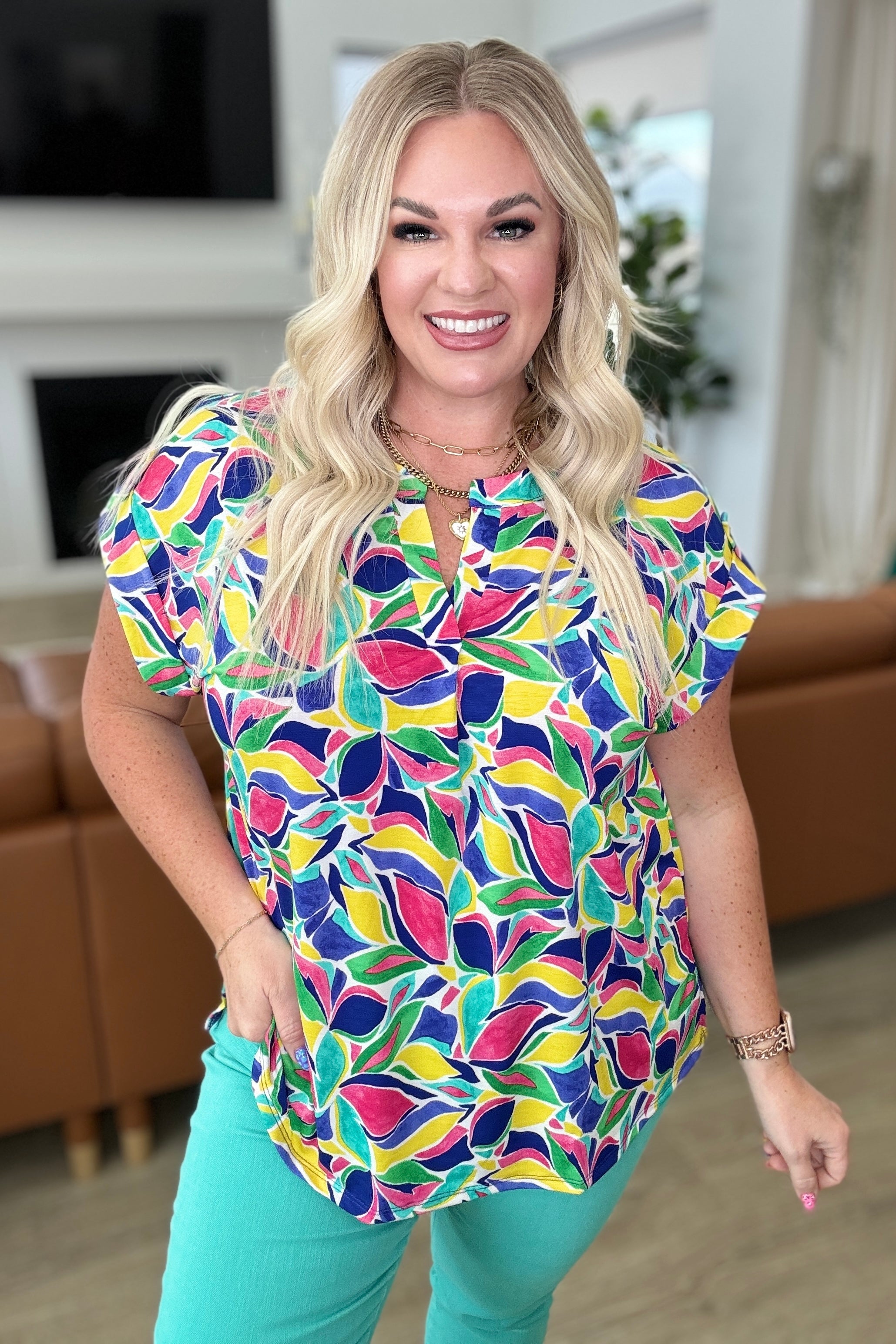 Lizzy Cap Sleeve Blouse - Royal Blue & Magenta Floral Print Women's Top for Casual Wear, Office & Date Night