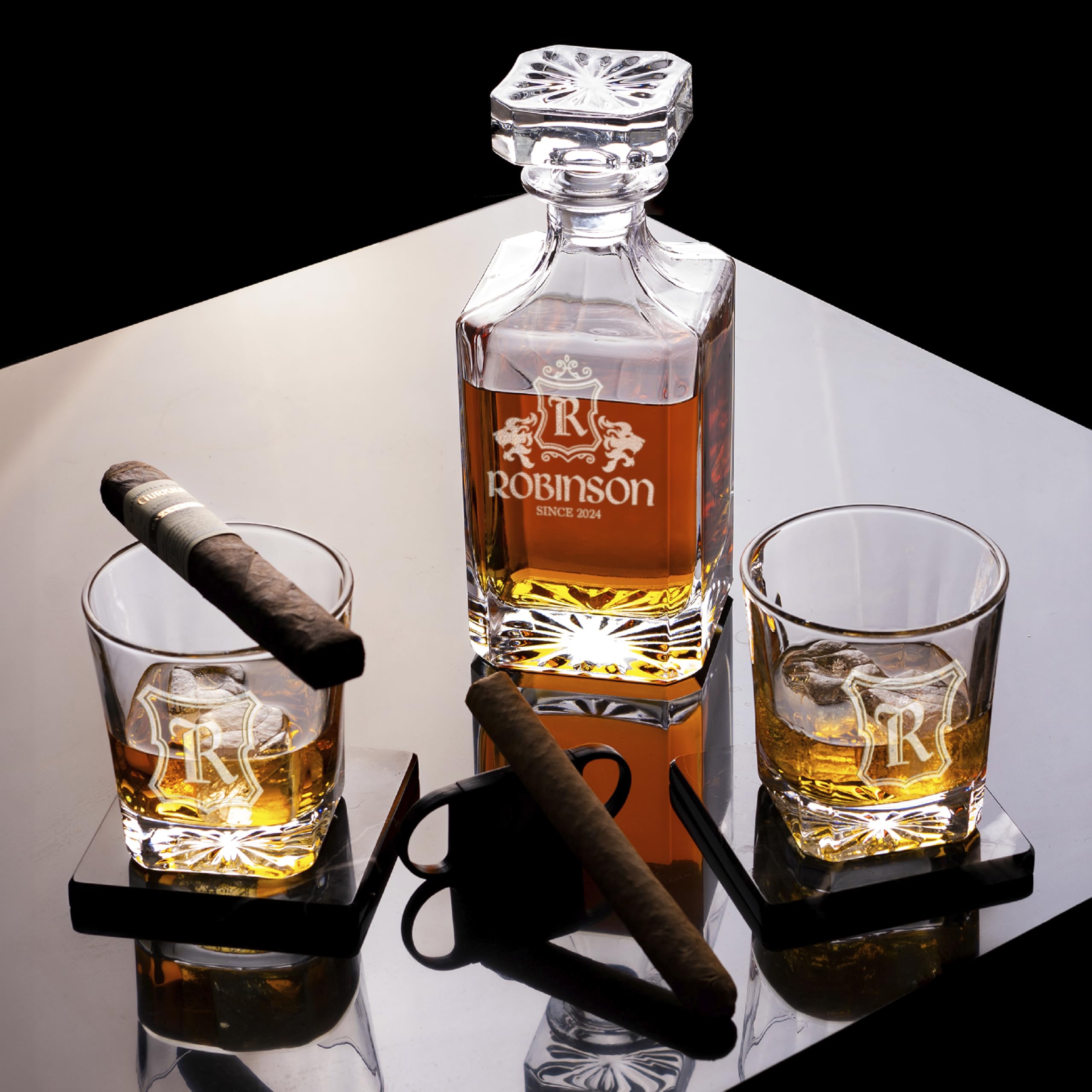 Personalized Whiskey Decanter Set with 2 Glasses - Engraved 25oz Liquor Decanter Gift for Men - Custom Monogram Barware for Birthday, Retirement & Anniversary - Perfect for Home Bars, Man Caves & Gifting