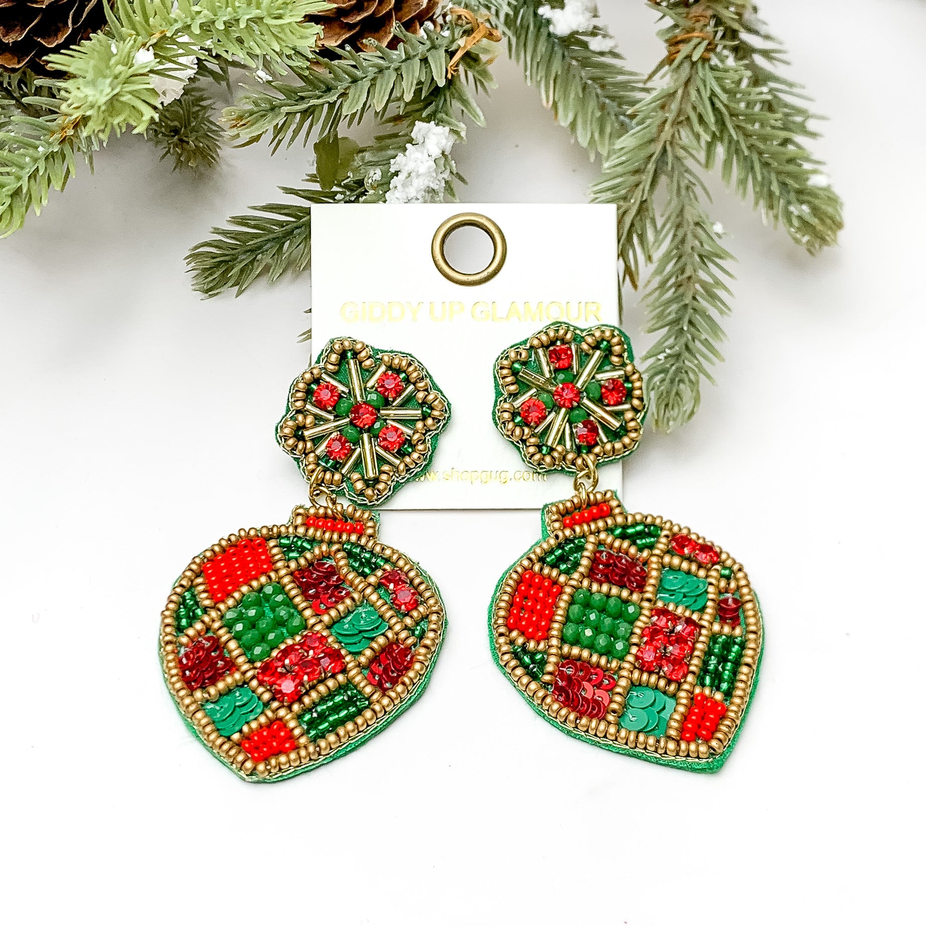 Red and Green Beaded Post Back Ornament Earrings – Elegant Holiday Jewelry for Christmas Parties & Festive Occasions