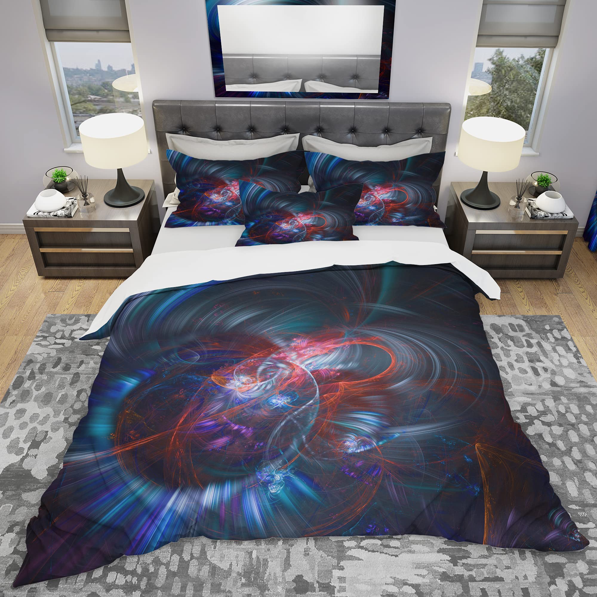Modern Abstract Blue Fractal Flower Duvet Cover Set - Twin Size 3-Piece Bedding, Light & Dark Blue Contemporary Design for All Seasons | Perfect for Guest Rooms, Dorms & Cozy Bedrooms