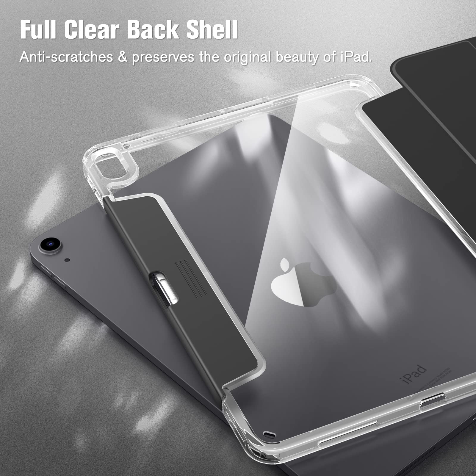 Fintie Clear Protective Case for iPad Air 11-inch (M3 2025/M2 2024) & 10.9-inch (5th/4th Gen) - Slim Transparent Back Cover with Built-in Apple Pencil Holder - Perfect for Work, School & Travel - Black