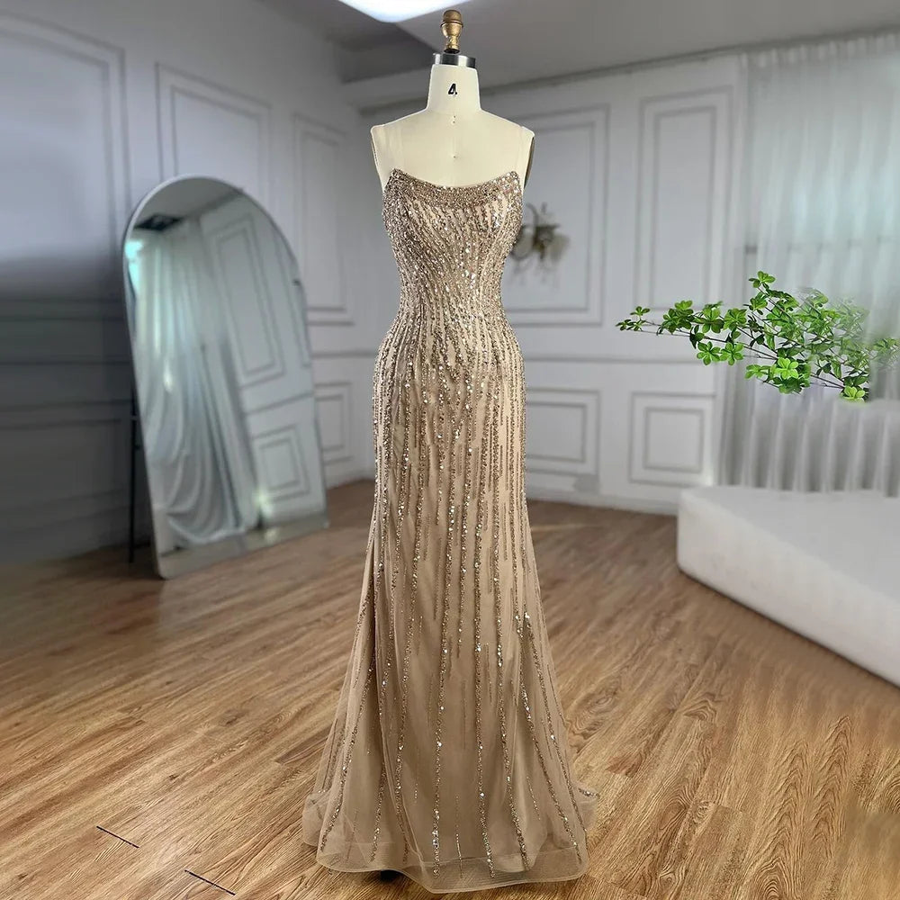 Luxury Beaded Pearl Mermaid Evening Gown for Women - Serene Hill Dubai Caramel Long Cloak Wedding Party Dress LA72223 | Elegant Formal Wear for Bridal, Prom & Special Occasions