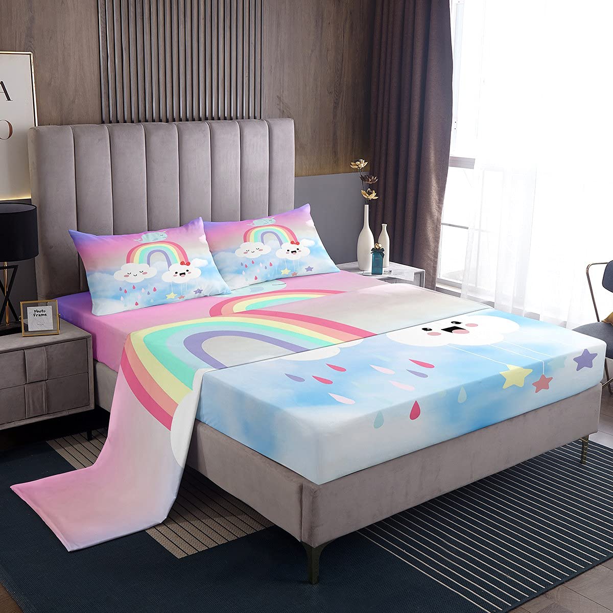 Rainbow Cloud Cartoon Queen Size Bed Sheet Set 4pcs - Deep Pocket Fitted Sheet, Flat Sheet & 2 Pillowcases - Cute Whale Unicorn Design for Girls Room Decor | Soft & Breathable Bedding for Kids, Teens & Dorm Rooms