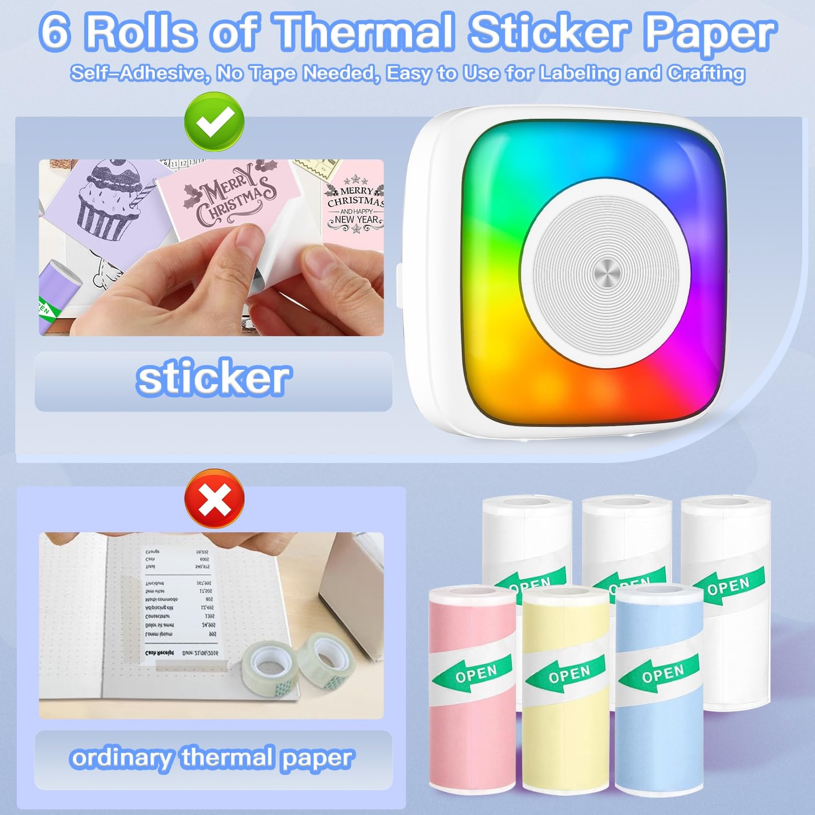 Mini Sticker Printer with 6 Rolls Paper - Portable Thermal Label Maker for DIY Scrapbooking, Travel Journal, Notes & Memos - 7 Color LED Light Modes - Wireless Bluetooth Compatible with iPhone & Android Phones (Perfect for Home Office, School Projects & Gift Wrapping)