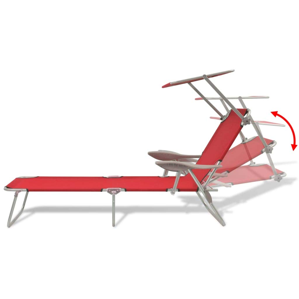 Portable Folding Sun Lounger Chair with Adjustable Canopy - Steel Frame Outdoor Patio, Garden, Beach & Camping Lounge Chair - Perfect for Relaxing, Sunbathing & Poolside Use (Red)