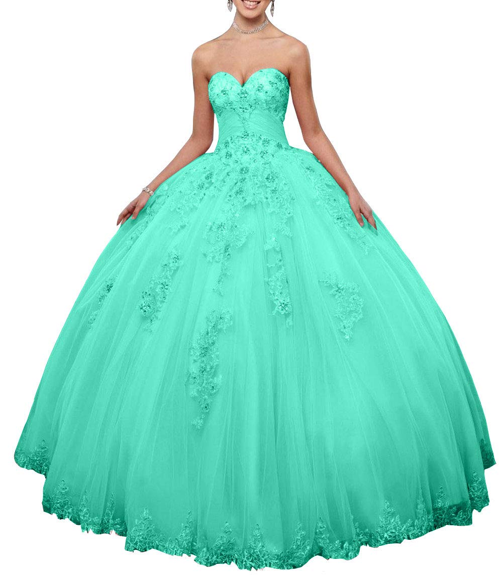 Emanni Sweetheart Quinceanera Dress for Women - Lace Applique Princess Prom Gown in Turquoise | Formal Evening Party, Homecoming, Wedding Guest Dress